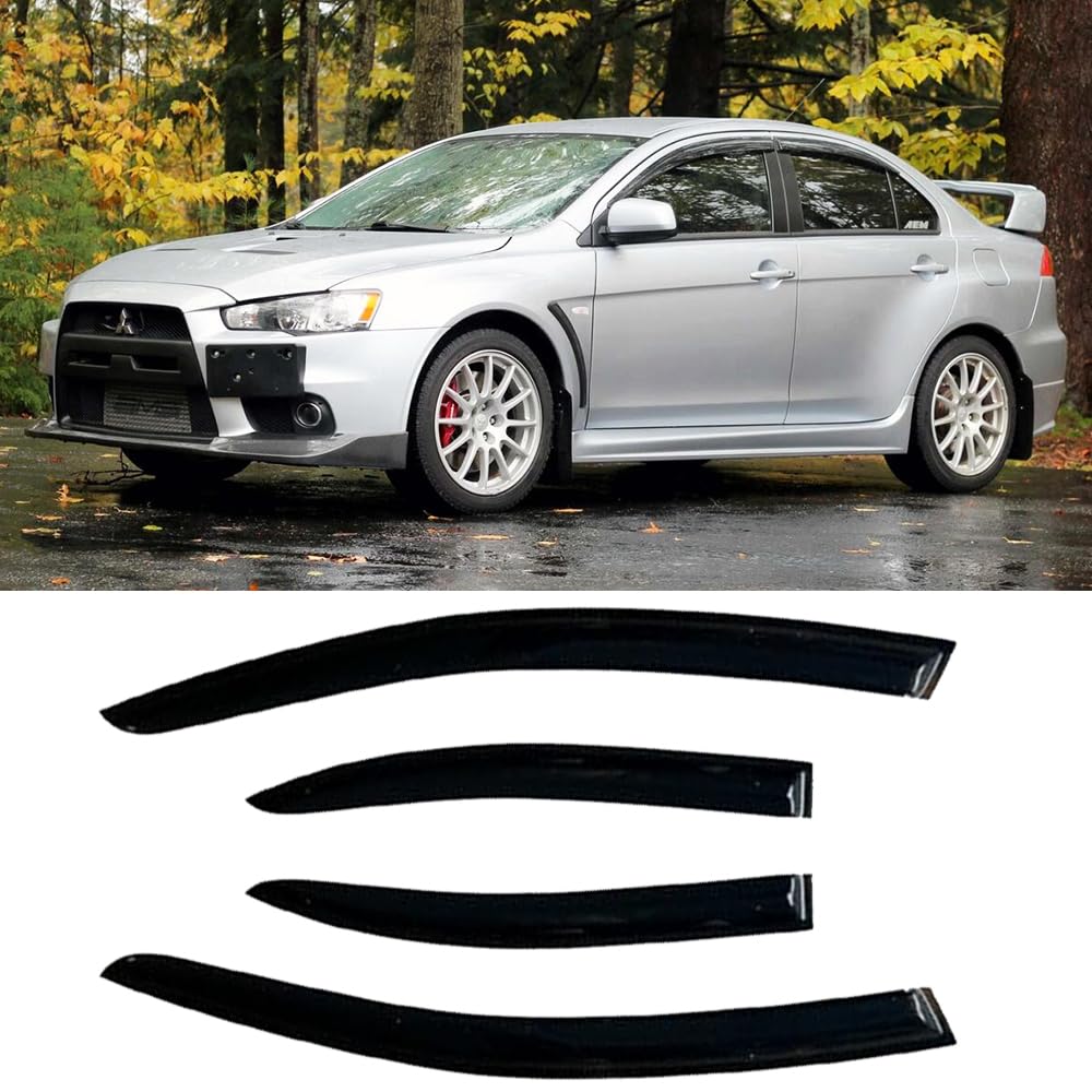 Side Window Wind Vent Deflector fit for 2007-2016 Mitsubishi Lancer, 4pcs Out-Channel Tape-On Dark Smoke Nice Rain Guards Set, Window Visor 94039