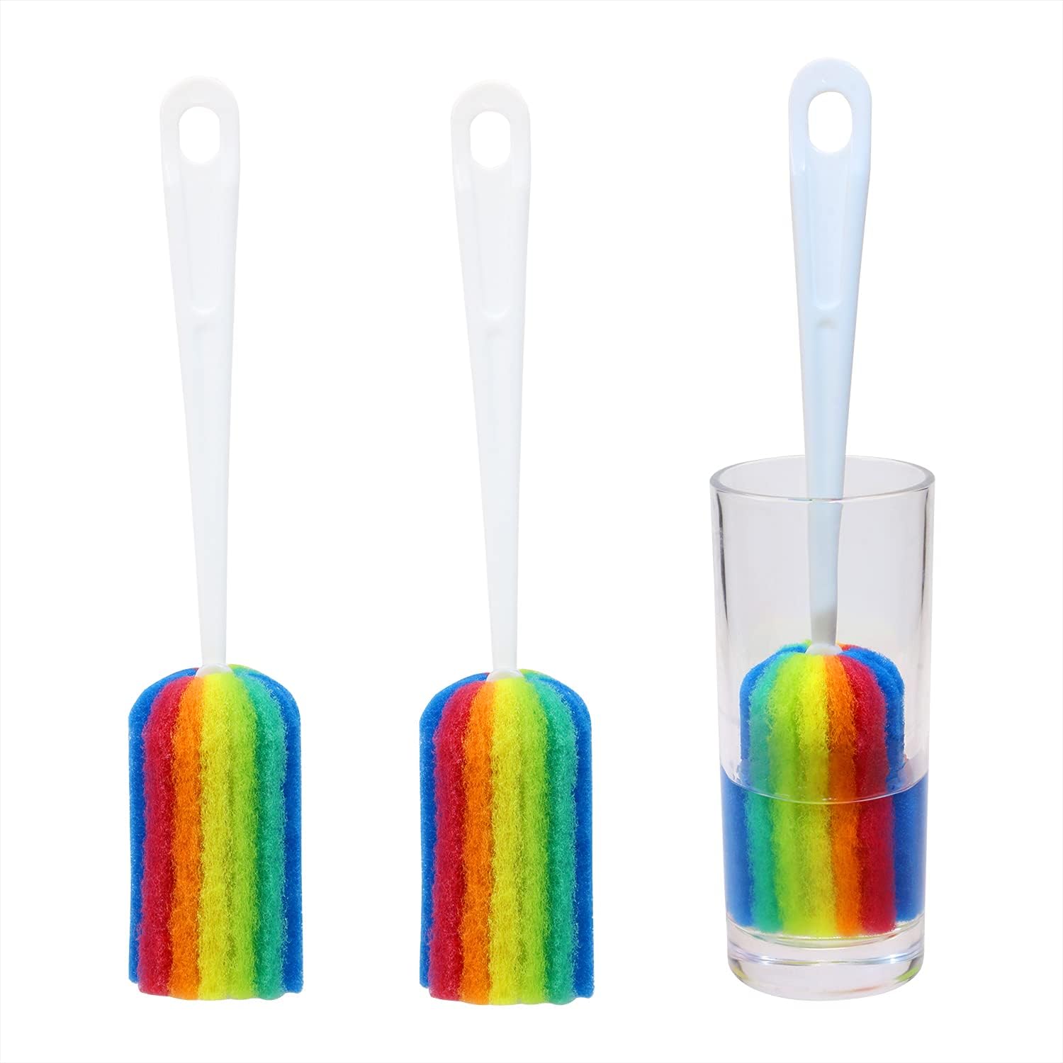 Mini Skater 3PCS Cleaning Bottle Sponge Brush with Long Handle Scouring Pad Scrub Brushes for Kitchen Clean Glasses Mugs Cups (Color Random)