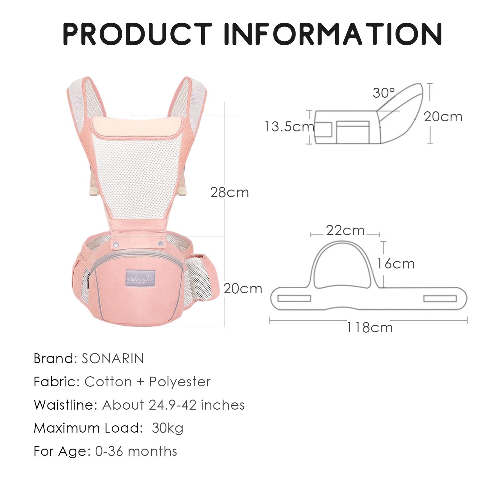SONARIN Traspirante Multifunzione Marsupio Neonati con Sedile,Portantina Porta Bambino Fascia Porta Bebè Ergonomico Regolabile per Neonati Bambini 0-36 Mesi,Tutte le Posizioni(Rosa)