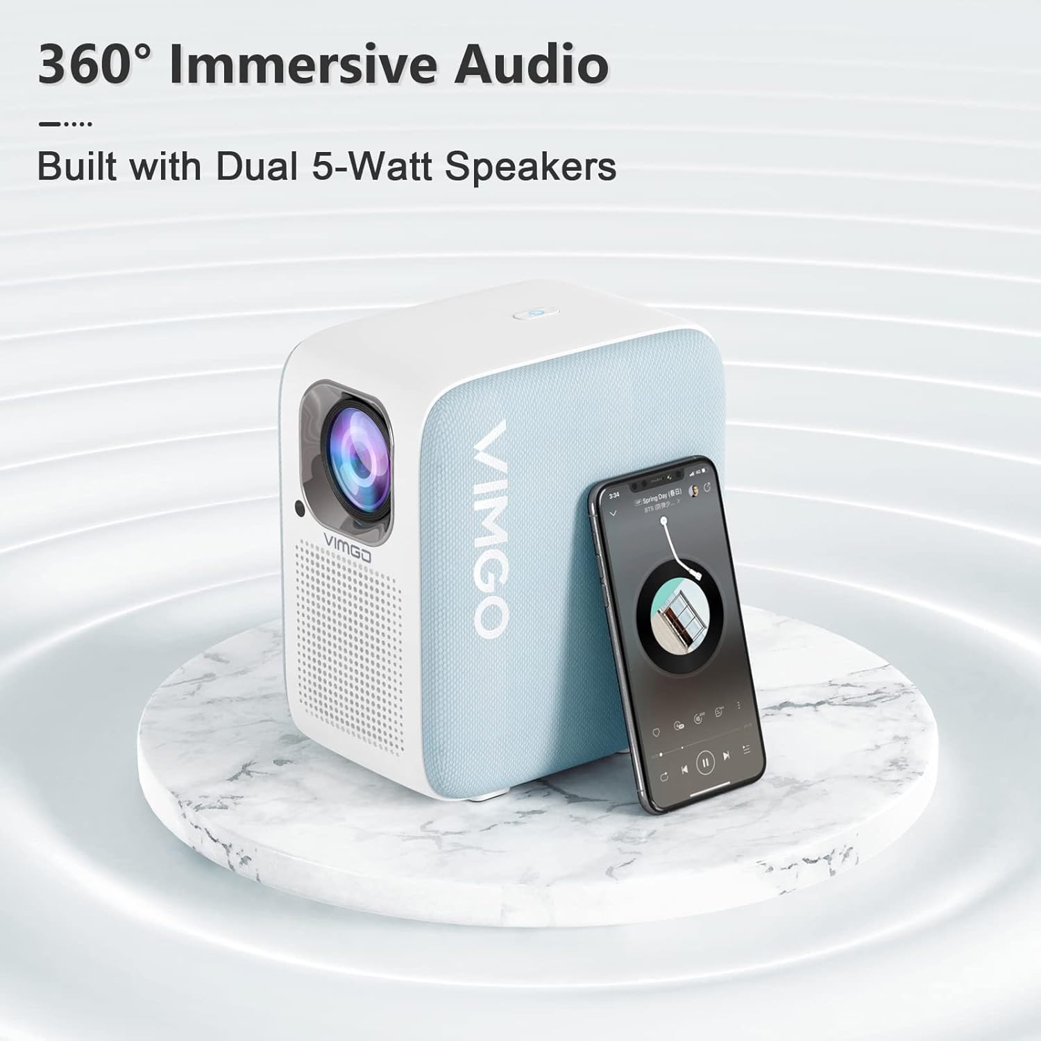 VIMGO P10 Smart Projector with a smartphone displaying music playback, illustrating the 360-degree immersive audio and dual 5-watt speakers.
