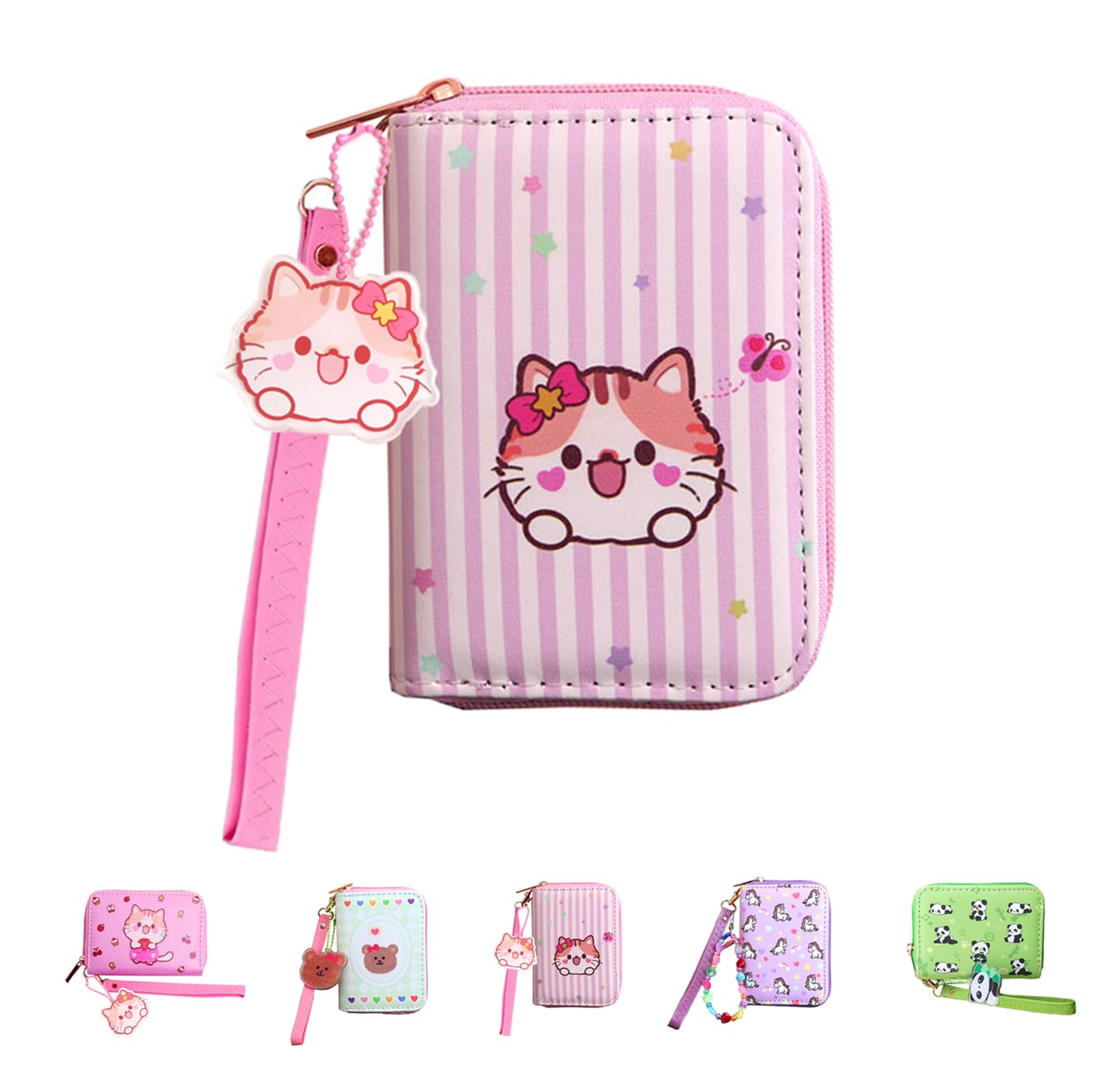 AACKS Girls Kitty Cat Wallet - Small Pink Wallet with Strap - Cute Cartoon Coin Purse for Little Girls