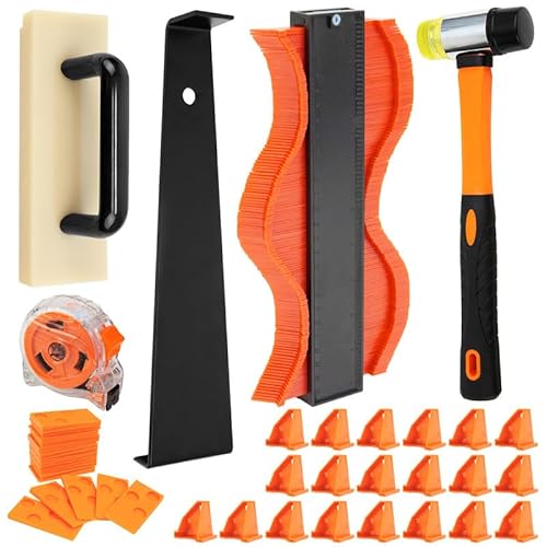 Herramientas de suelo laminado, kit de instalación de suelos de madera de 35 piezas, kit de suelo laminado con espaciadores de suelo, mazo de goma, bloque de roscado de goma, espaciadores y cinta