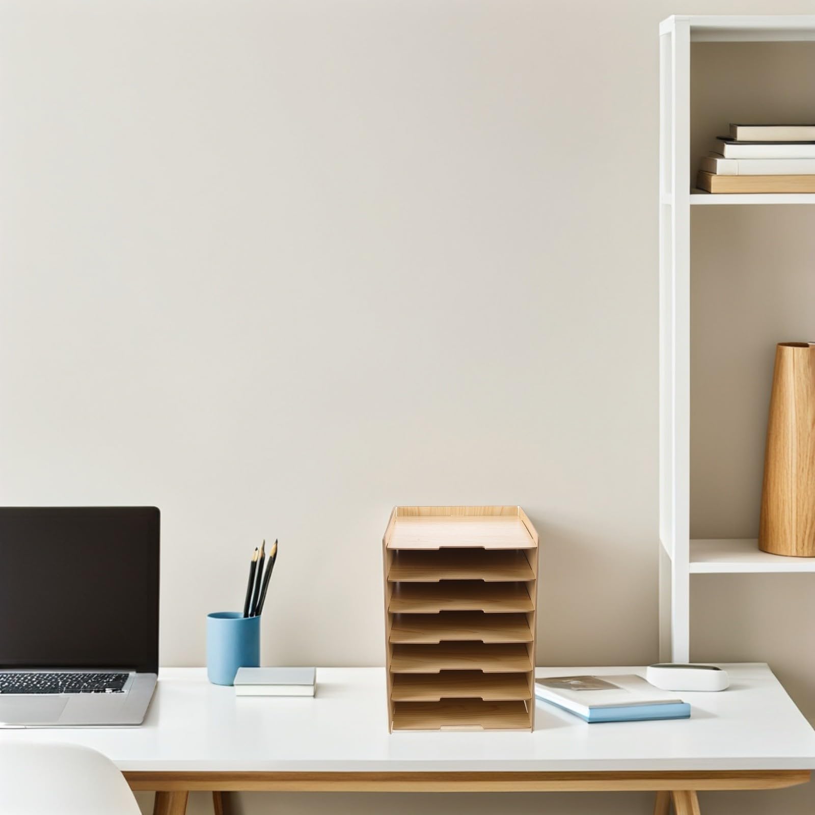 Mipcase Organizer da Scrivania in Legno con 7 Ripiani Modulari, Design Naturale, Empilabile e Versatile per Ufficio e Postazioni di Lavoro