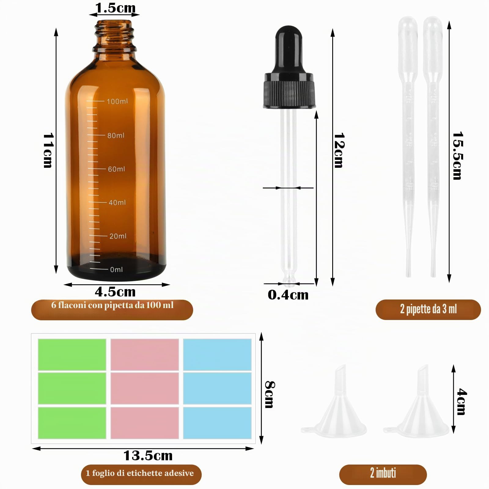 6 Pezzi Contagocce Vetro 100ml, Marrone Bottiglie Contagocce in Vetro, Flaconi Contagocce con 2 Imbuti 2 Pipette Contagocce 1 Adesivo, Flaconi Ricaricabili per Laboratorio Olio Essenziale