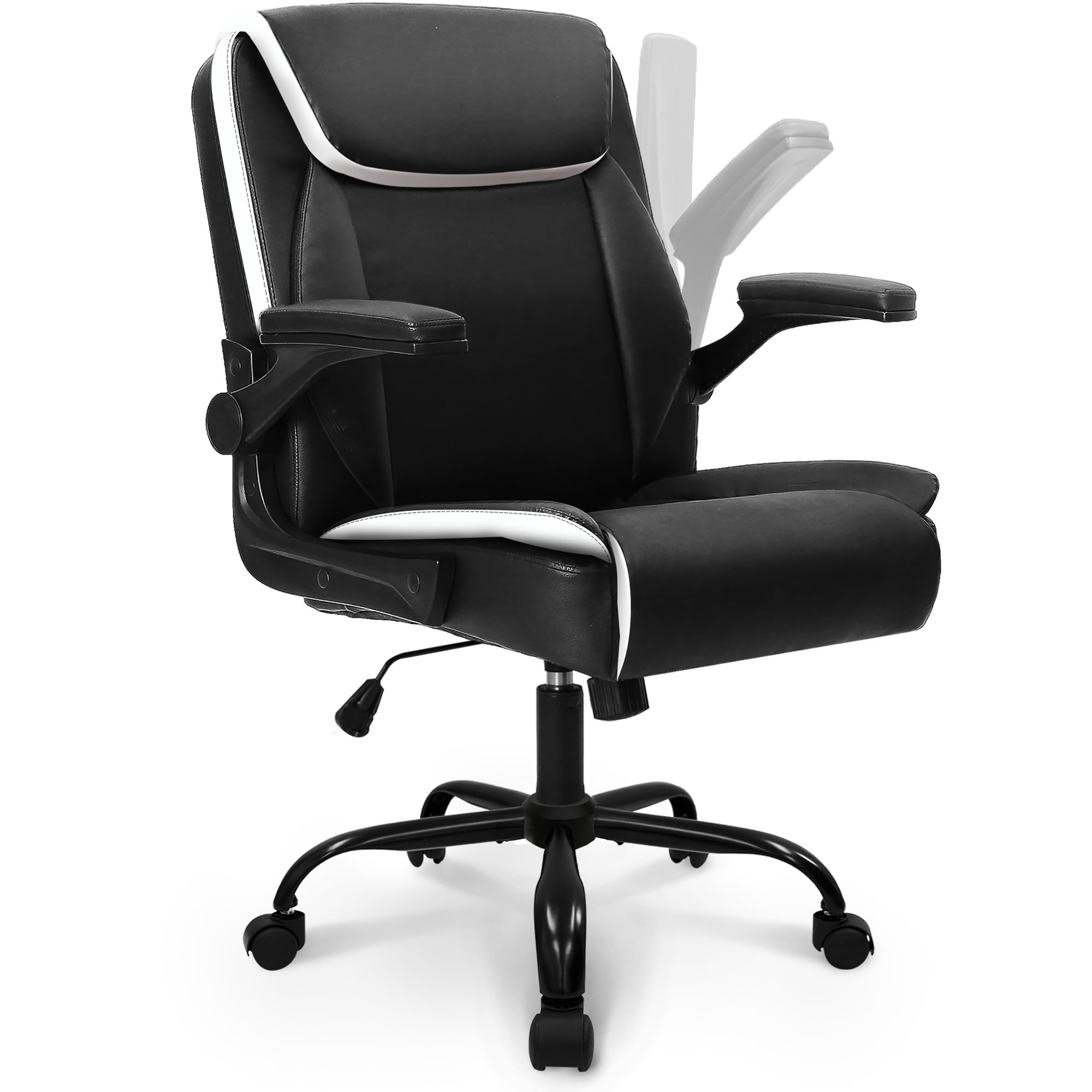 NEO CHAIR Office Desk Computer Chair Ergonomic Executive Mid-Back Leather Gaming Chair with Adjustable Flip-Up Armrests Wheels Swivel for Home Study Task (Black)