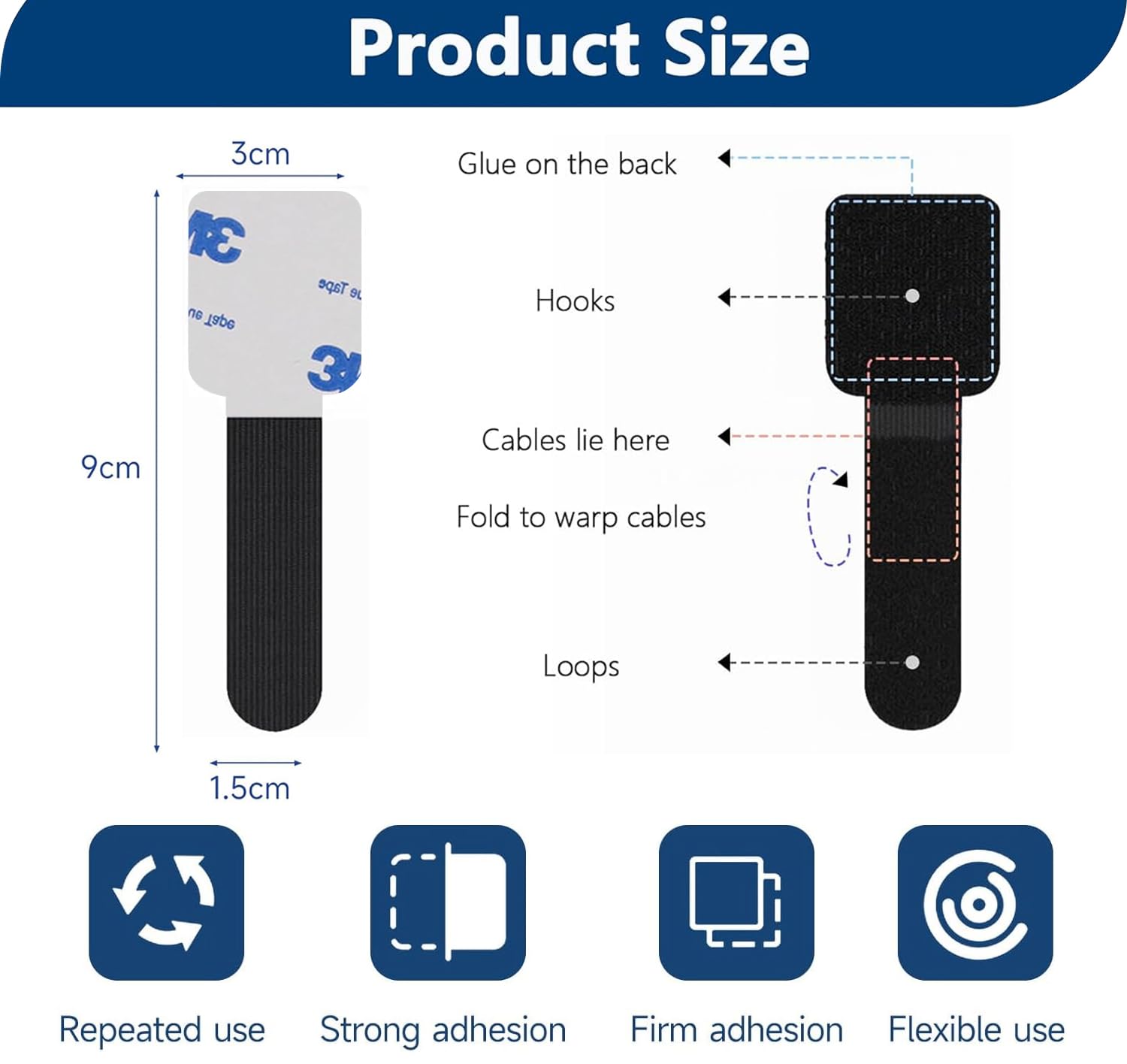 50 Clip Autoadesive per Gestione Cavi Sotto Scrivania - con Sistema Gancio e Anello, Riutilizzabili, Regolabili, per PC, TV, Ufficio e Casa, Installazione Senza Trapano (Black)