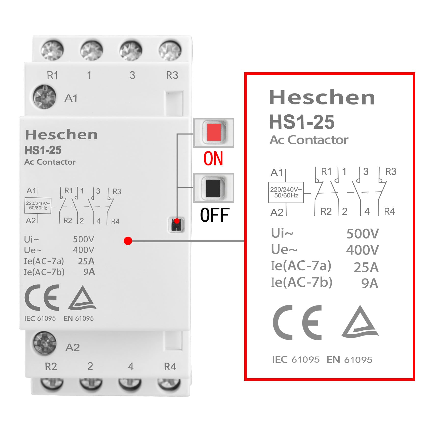 Heschen Contacteur ca domestique, HS1-25, 4 pôles 2NO 2NC, AC 220V / 240V tension de bobine, 35mm montage sur Rail DIN