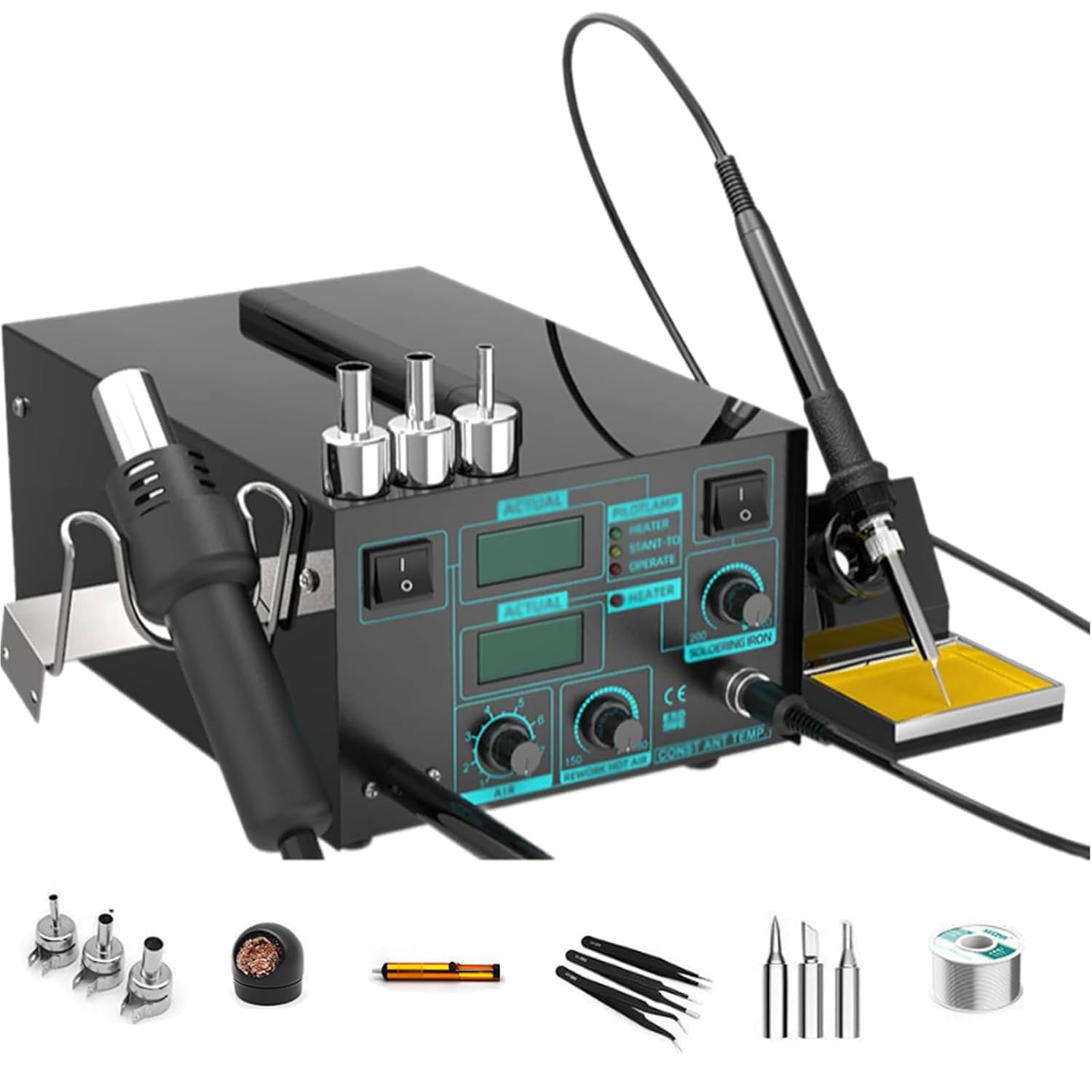 Eoweiot Heat Gun Soldering Iron Kit, 600W Anti-Static Desoldering Station with LED Display, Handheld Design for Soldering and Desoldering