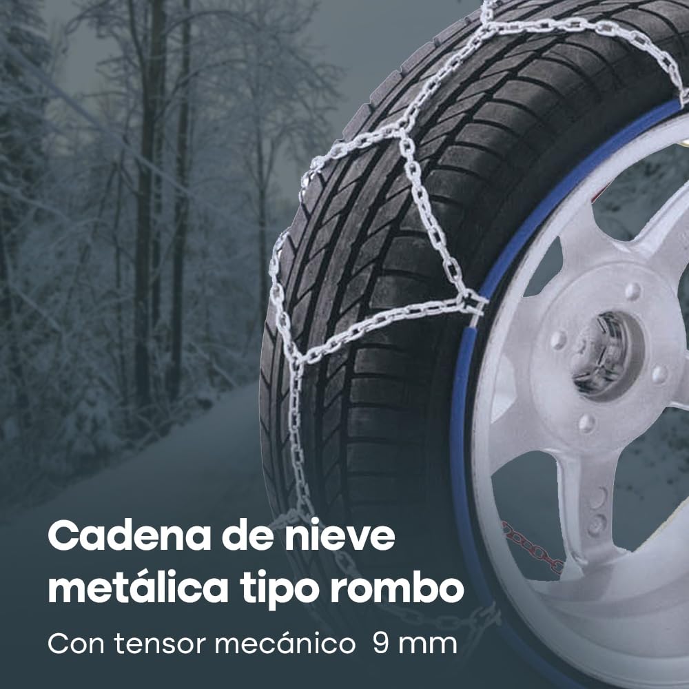 KRAWEHL - Pack de 2 Cadenas de Nieve para Coche - Cadenas de Metal Tipo Malla de Rombo - Eslabones de 9 mm - con Tensor Mecánico - Universal - Antideslizantes - Grupo 10