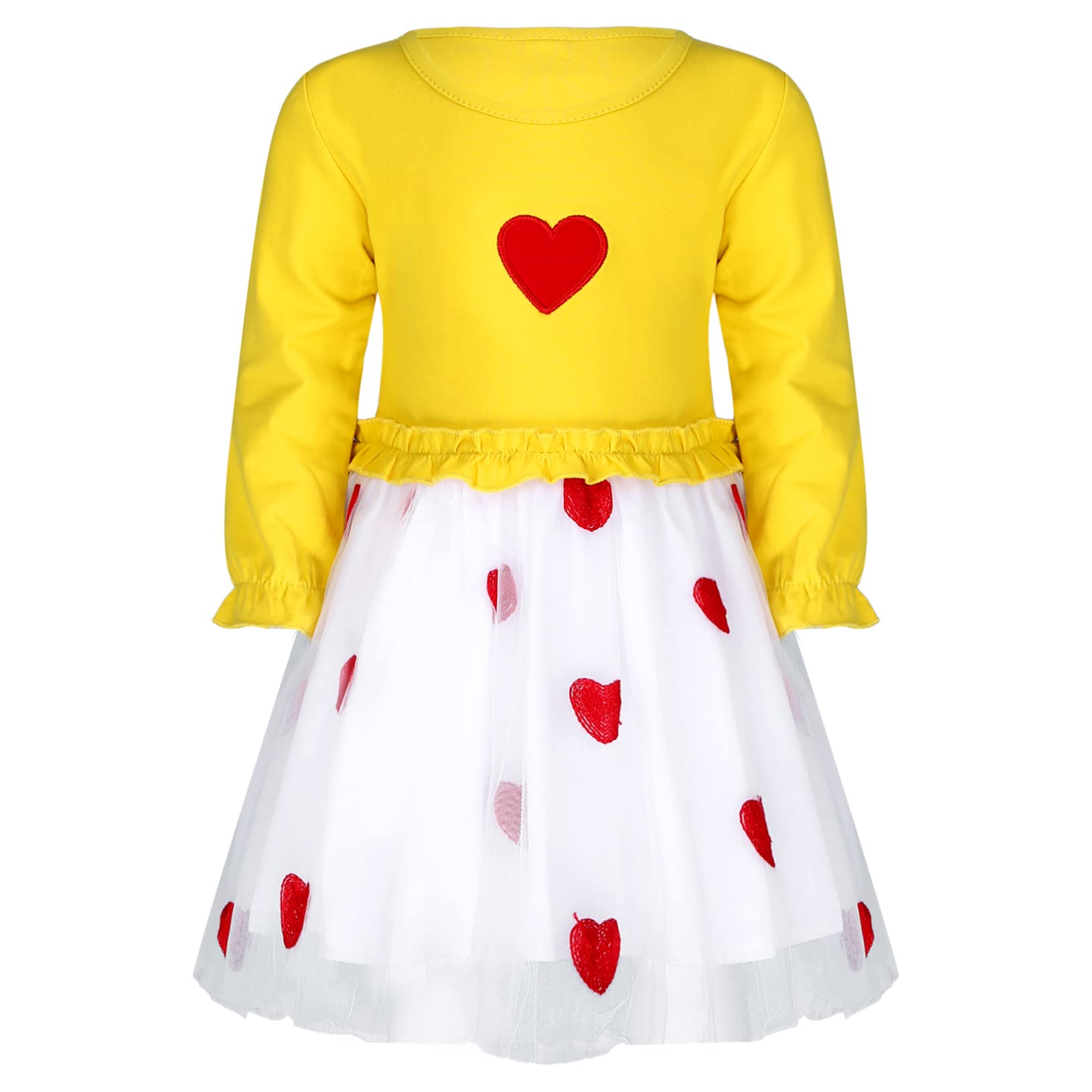 Yeahdor Toddler Girls Valentine's Day Dress Long Sleeve Heart Pattern Top Mesh Tutu Dress Yellow 12-18 Months