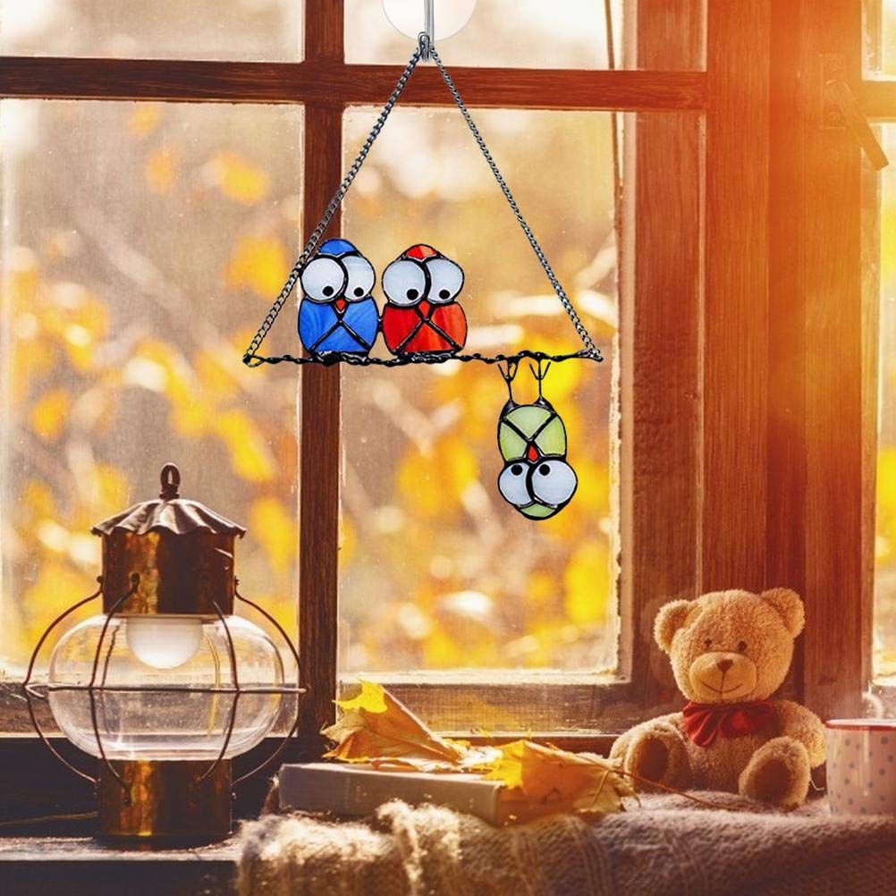 Suncatcher Finestra Con 3 Gufi In Resina Fatti A Mano: Decorazione Colorata Viola Rosso Verde (18x21cm)