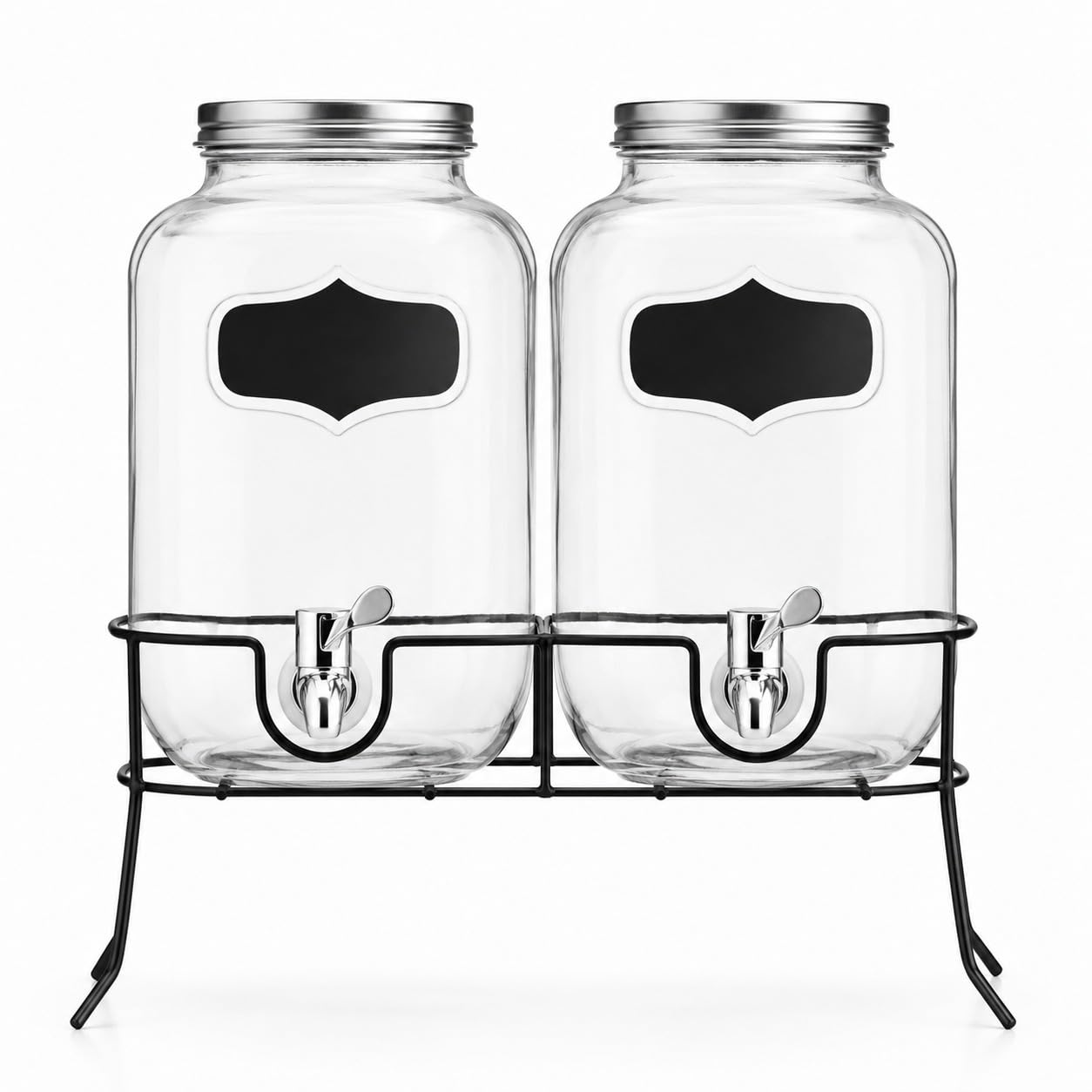 Set 2 Dispenser Bevande in Vetro da 4L con Rubinetto e Supporto in Metallo, Capacità Totale 8L, Fontana per Bevande con Etichette Scrivibili, per Acqua, Limonata, Succhi, Cocktail e Feste