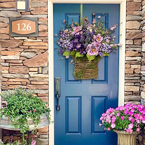 2023 New Lavender Basket Wreaths For Front Door,Lavender Artificial Flower Basket,Wreath Hangers For Front Door，Spring Wreath (1 Pcs) #TOP3