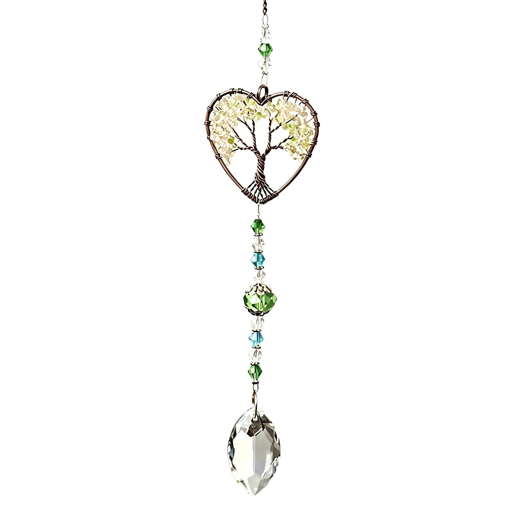 Green Heart Tree of Life Suncatcher, Handmade Healing Crystal Gemstone Glass Suncatcher for Home Garden Window Wall Decoration Gifts for Women Men Friends Mom Holidays