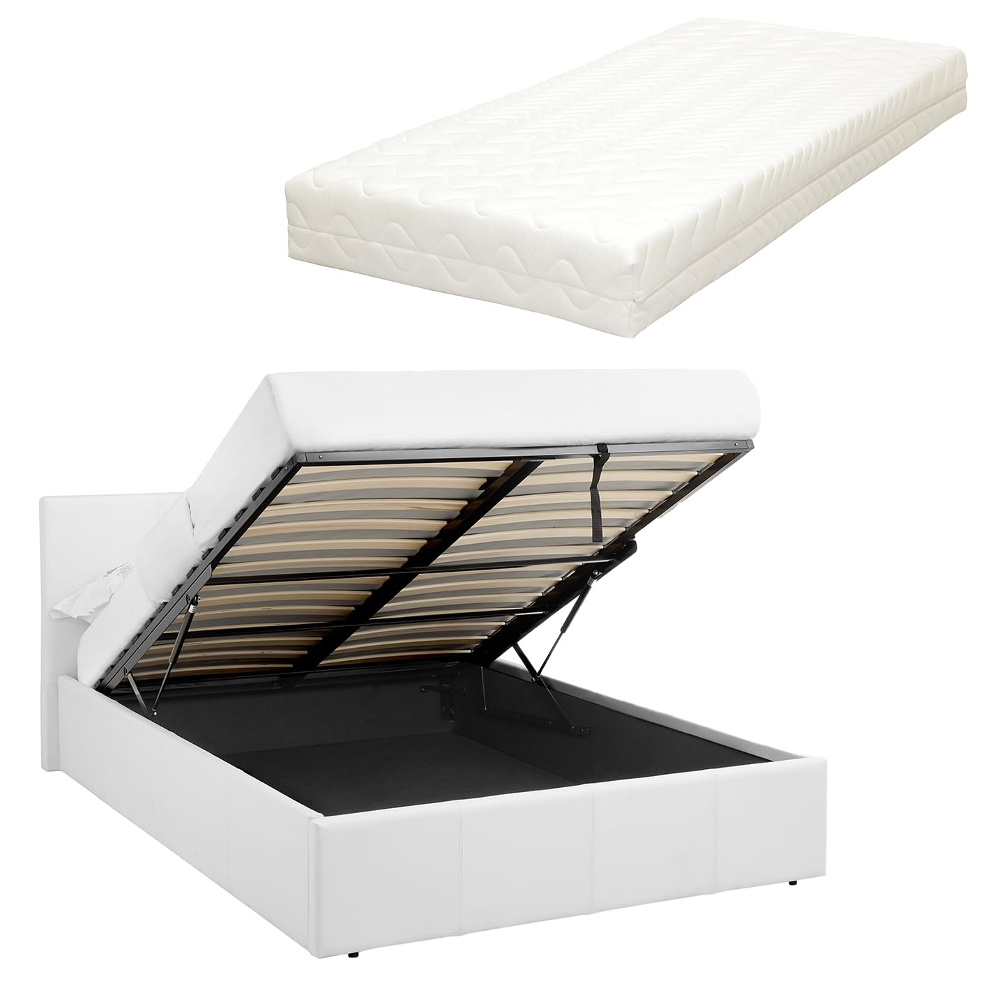 LUNA 4FT Small Double Faux Leather Ottoman Storage Bed Gas Lift Up (H: 88.5cm x W: 138cm x L: 203cm) and 20cm Thick Spring & Memory Foam Mattress (White)