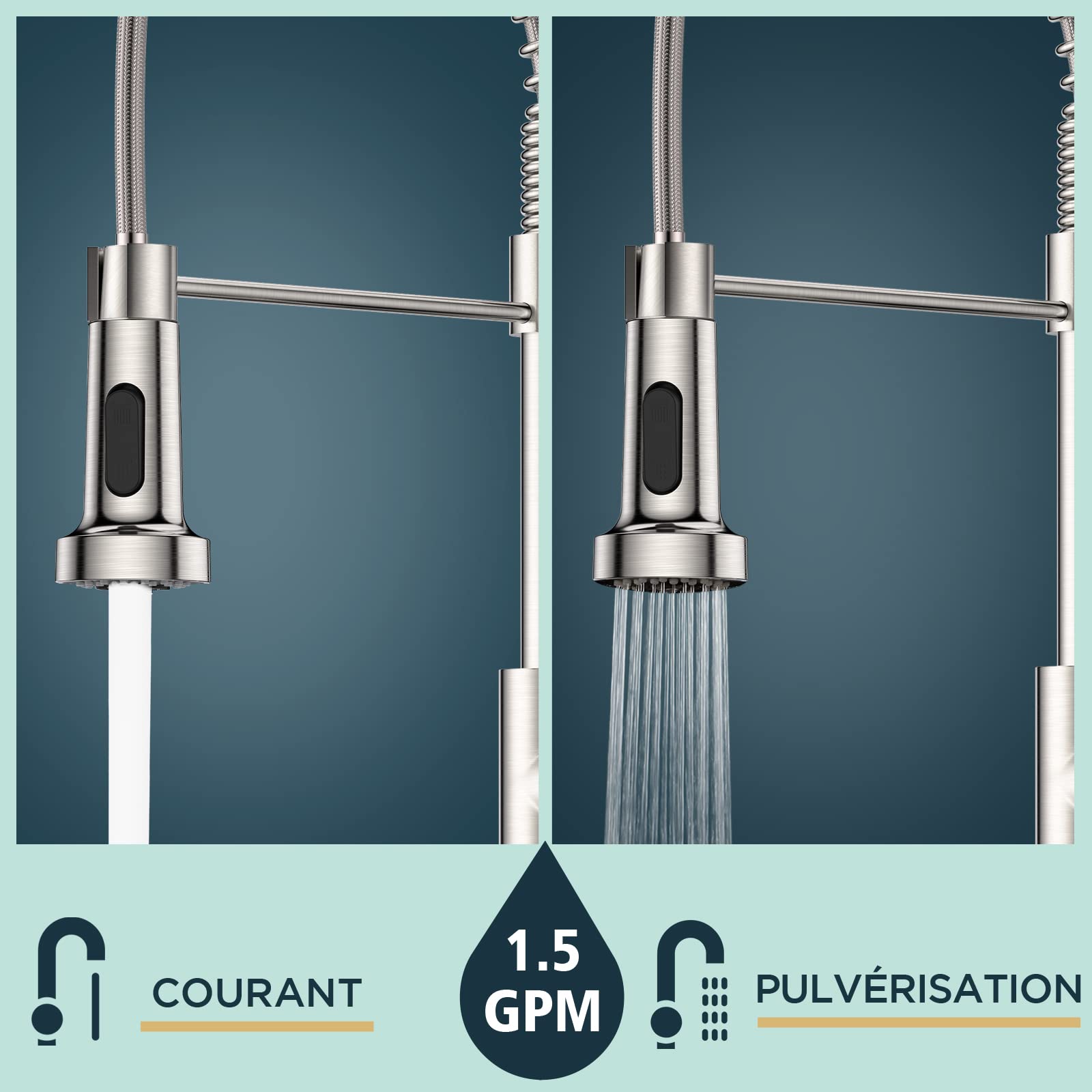 FORIOUS Robinet Cuisine Mitigeur Avec Douchette Pivotant 360° Évier Arc Élevé Pulvérisateur Escamotable 2 Modes Acier Inoxydable