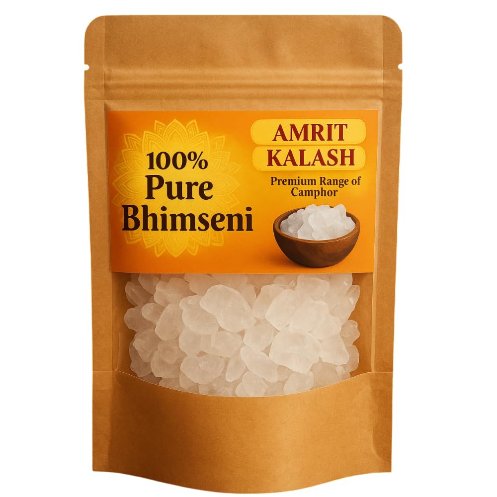 AMRIT KALASH Lab Certified 100% Pure bhimseni Original Camphor 100g Pouch-Pack of 1 | Pacha karpooram Original| bhimseni Kapoor Original Camphor for puja, Aromatherapy & air freshener|Sweet Fragrance