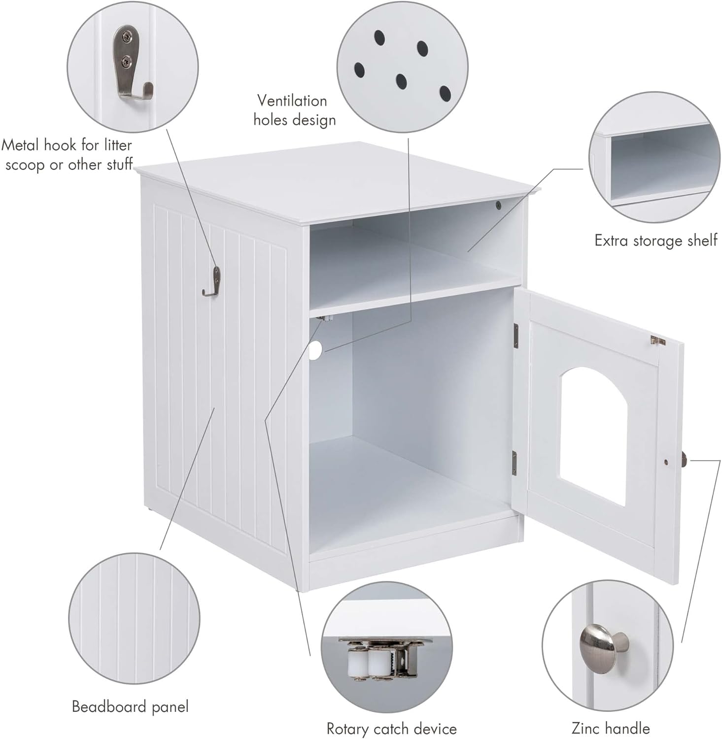 Spirich Home Cat Litter Box Enclosure, Hidden Litter Box Furniture Cabinet, Indoor Cat House Side Table, Large Pet Crate Nightstand, Kitty Litter Box Loo Washroom (White)