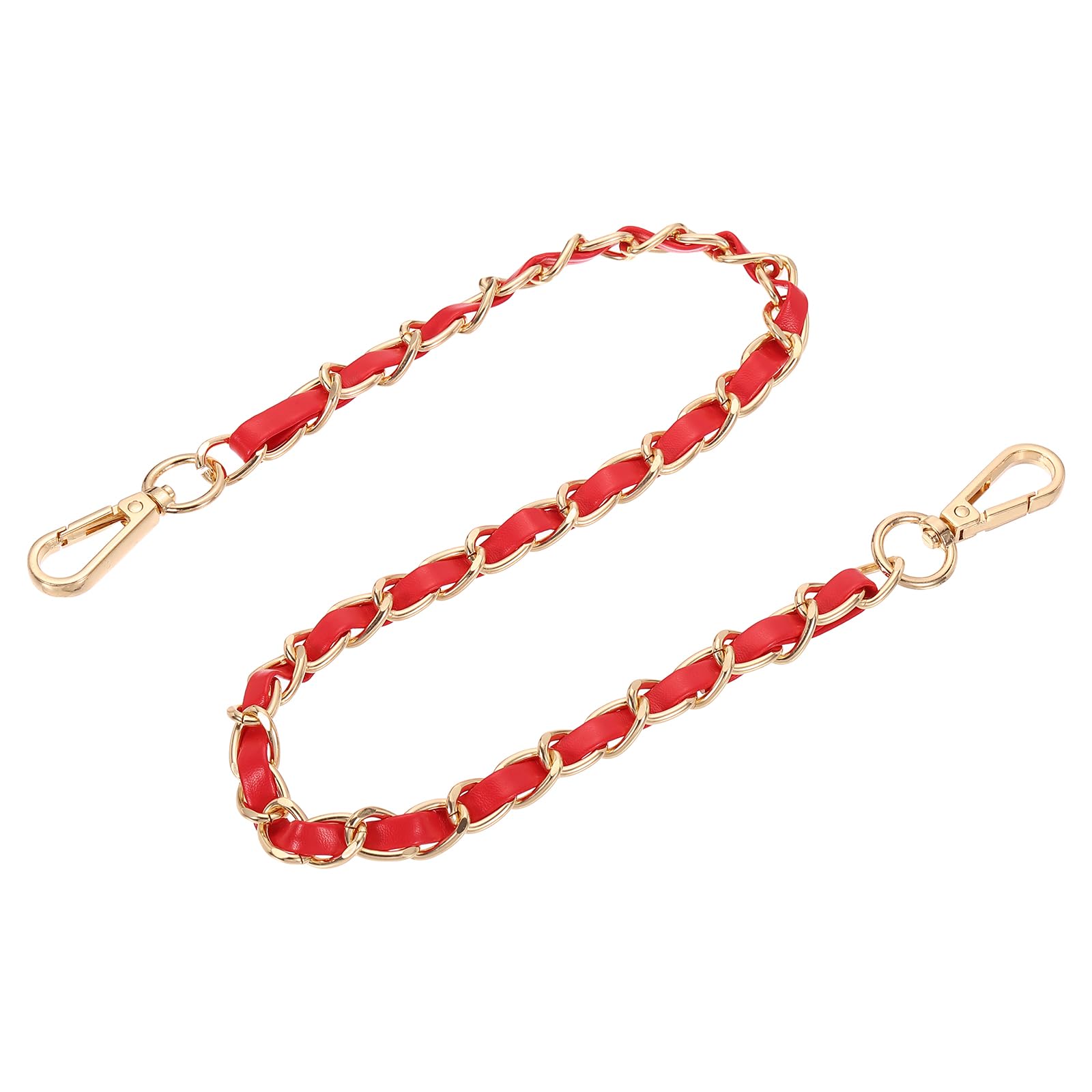 sourcing map Purse Chain Strap, 24 Inch Leather Iron Flat Chain Handbag Chains Purse Straps with Buckles for Shoulder and Cross Body Bags (Red Strap + Gold Chain)