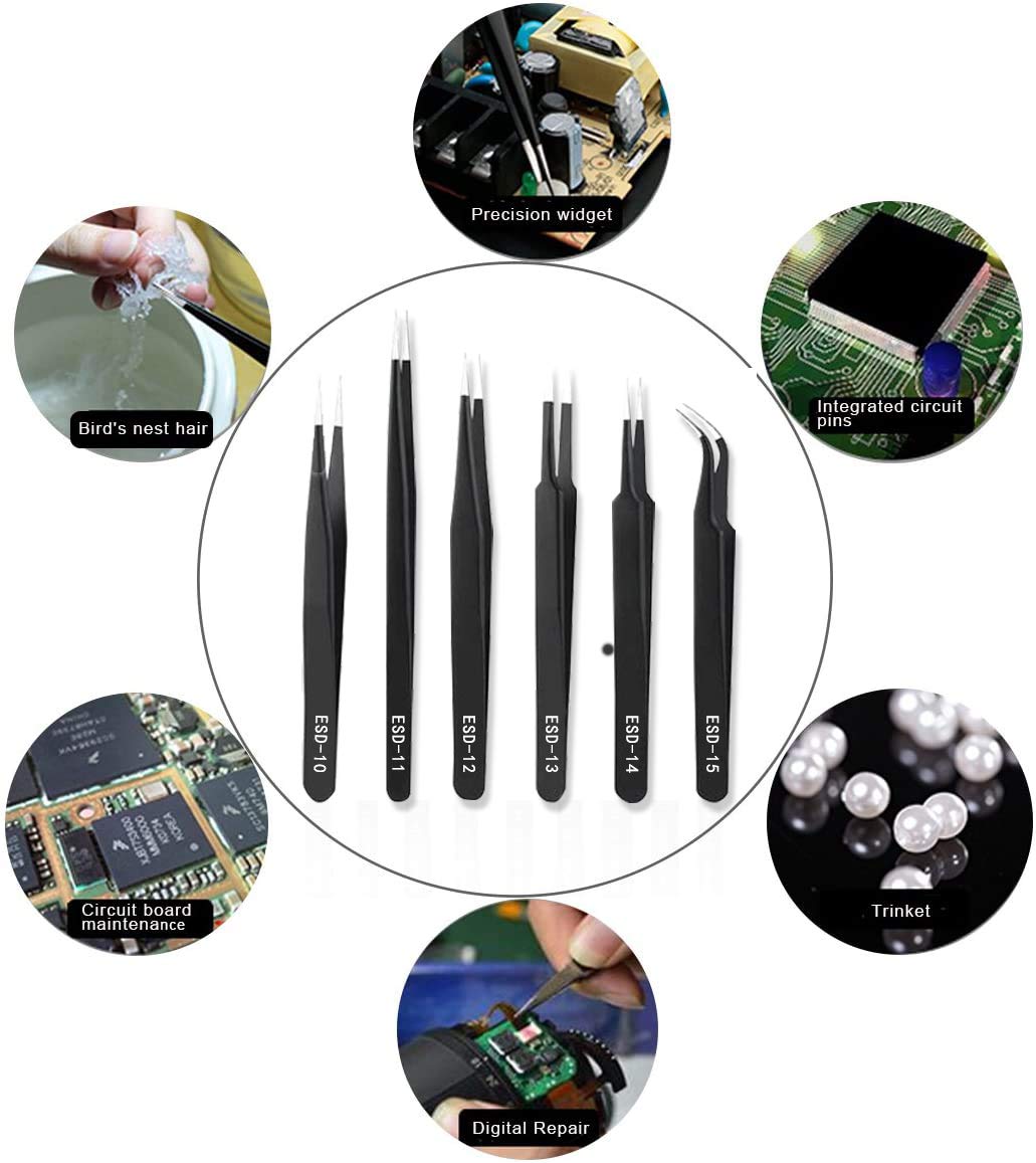 Set Antistatische pincetten Industriële Precisie-Pincet-Set Pincet Professioneel voor sieraden Pincet Met Fijne Punt Precisie-Antistatische Pincet-Set voor Elektronica Gereedschap, Laboratoriumwerk (6 Stuks