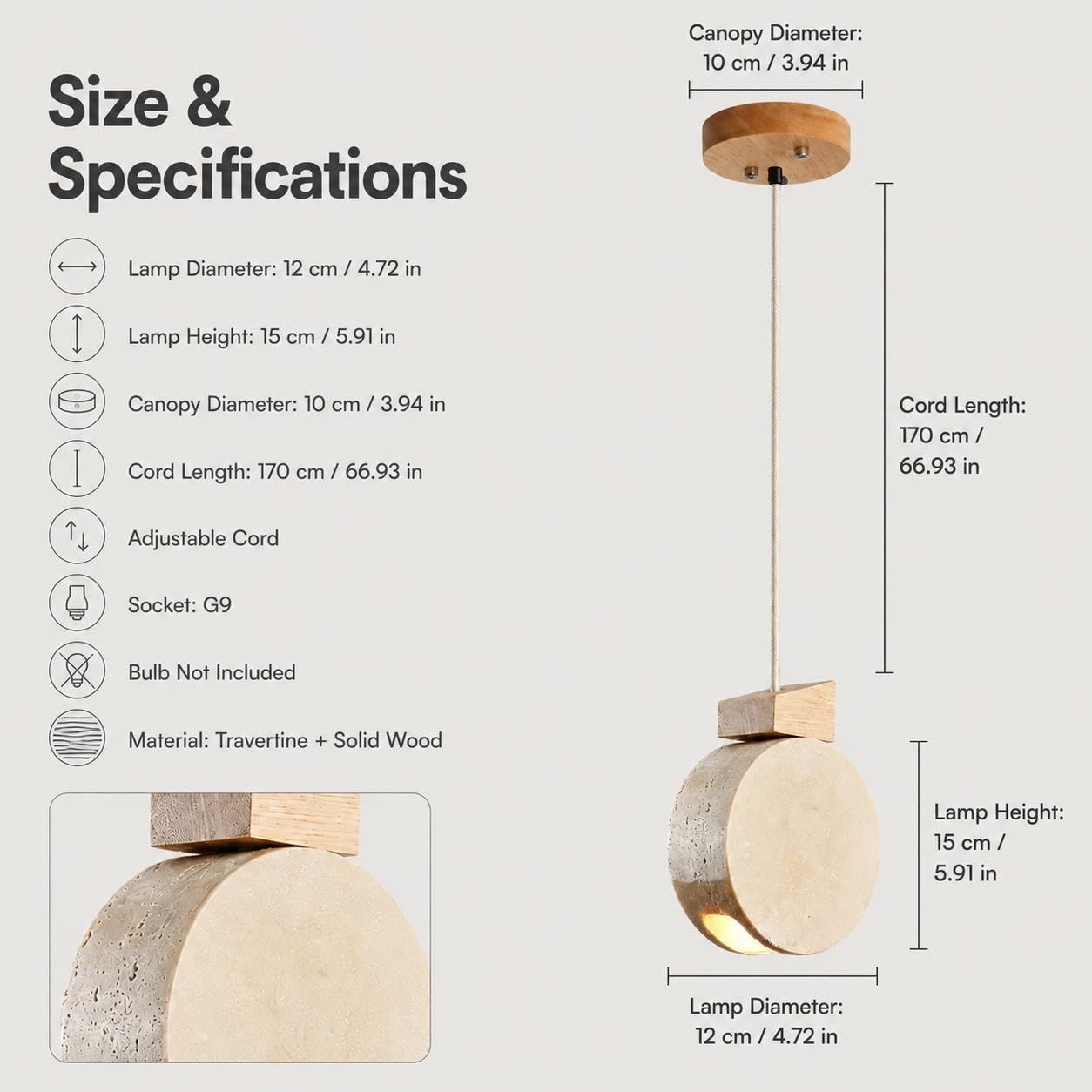 Mini lampada a sospensione in legno con paralume in travertino, G9