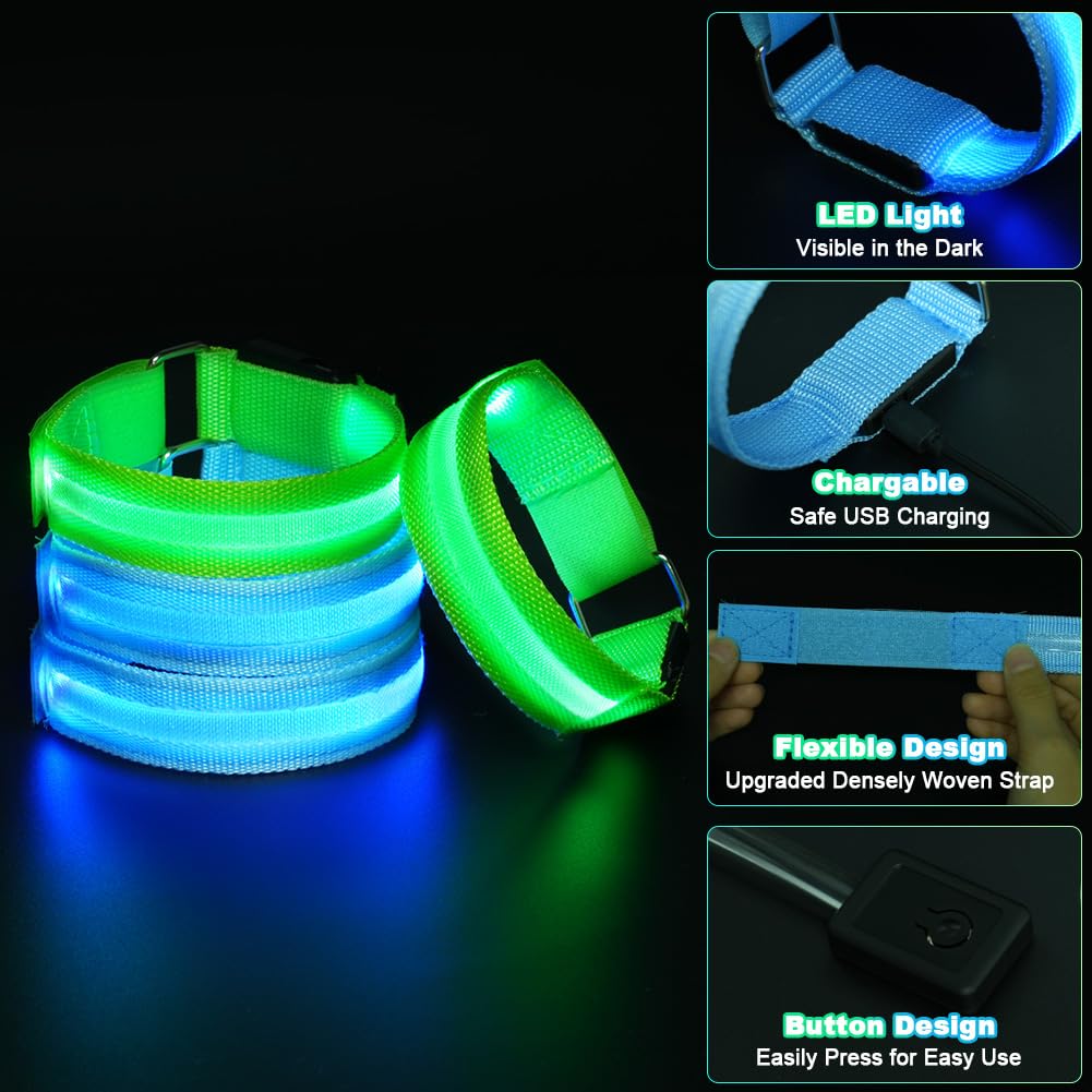 Bracelets Lumineux LED Rechargeables - 2PCS, 6 Couleurs, 3 Modes - Course, Vélo, Fête, Sécurité