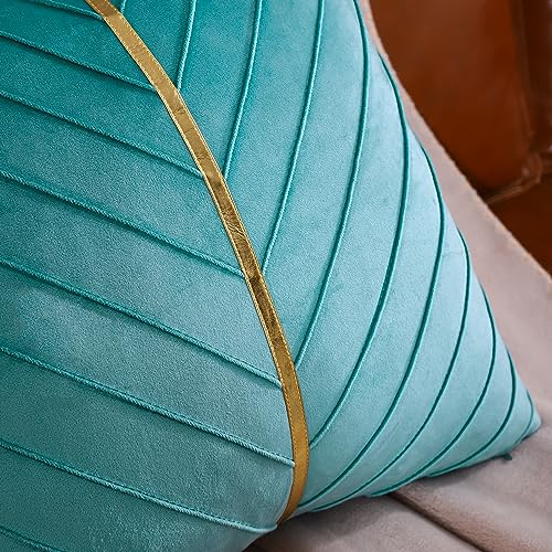 Image of Velvet Throw Pillow Covers 16x16 Pack of 2 Gold Decor Aqua Green
