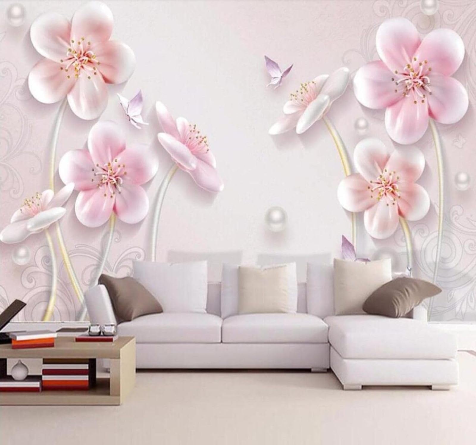 XLMING Exquisite Pink Flowers Butterflies Jewellery 3D Wallpaper Luxury Home Dining Decor Paste Sofa Living Room The Wall for Bedroom Mural-430cm×300cm