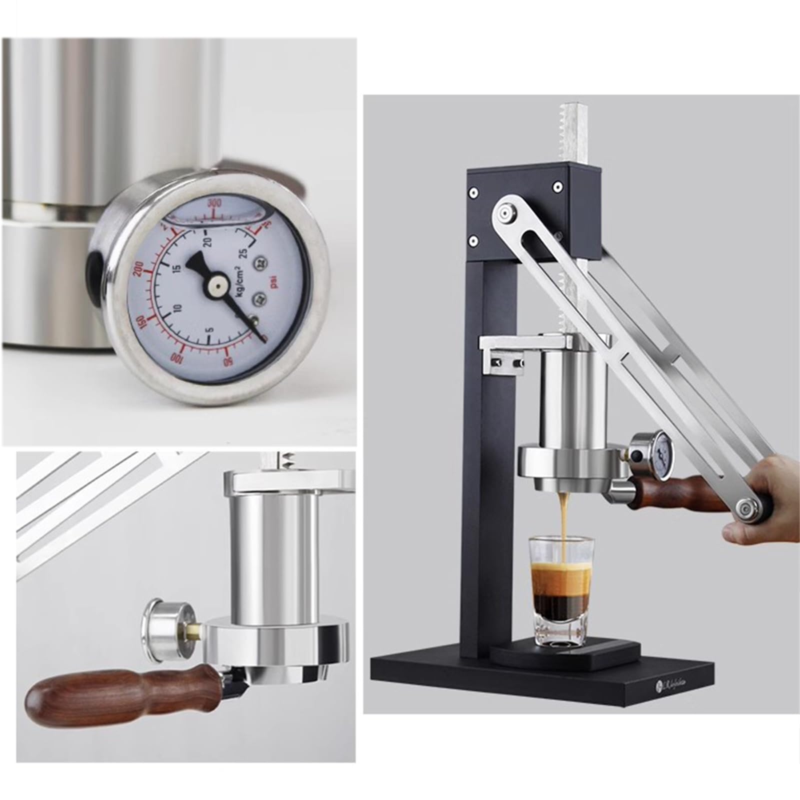Ręczny ekspres do espresso, ręczny ekspres kolbowy z dźwignią, z manometrem, tłokiem, funkcją podgrzewania, do sitka 58 mm, bezprądowy (Black)