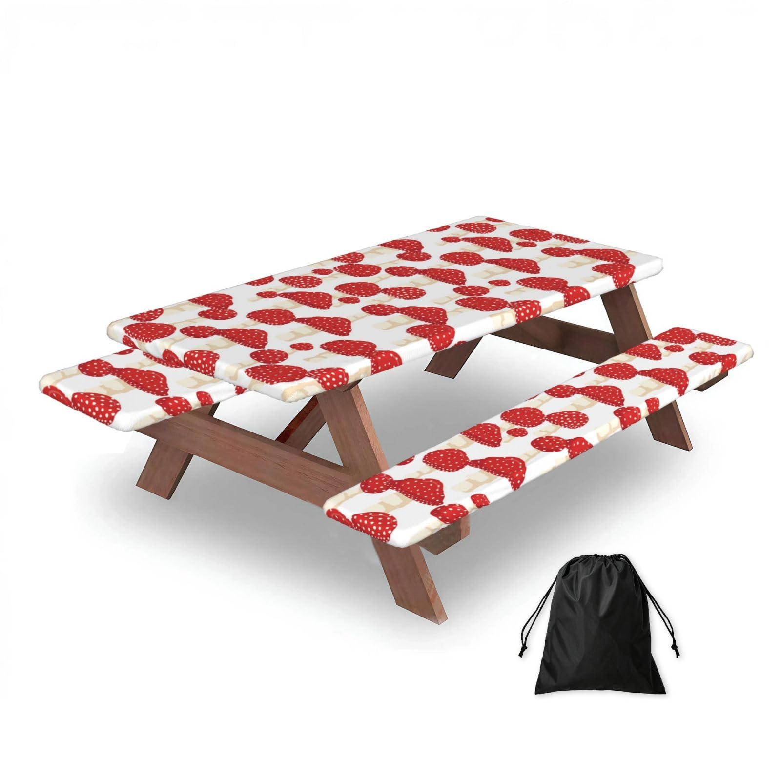 Fly Agaric Red Mushrooms Pattern, Picnic Table Cover With Bench Covers -Waterproof Elastic Fitted Tablecloth for Garden Camping Patio 76x152cm