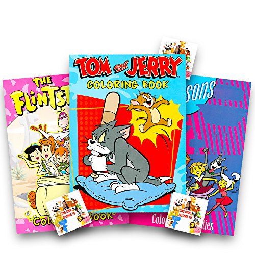 Cartoon Classics Coloring Books Set ~ The Jetsons, The Flintstones,and Tom & Jerry plus Specialty Bookplate Stickers