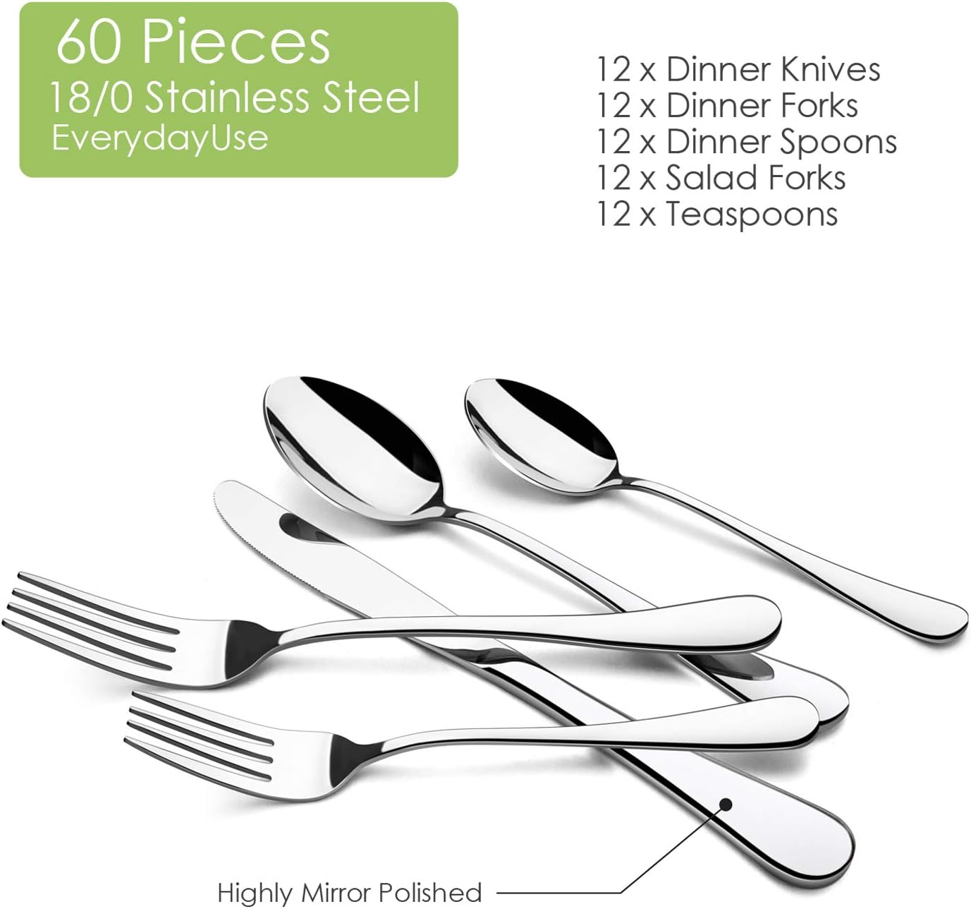 60-Piece Silverware Set, HaWare Stainless Steel Flatware Cutlery Service for 12, Classic Design Eating Utensils for Home Party Hotel Restaurant, Mirror Finish & Smooth Edge Tableware, Dishwasher Safe