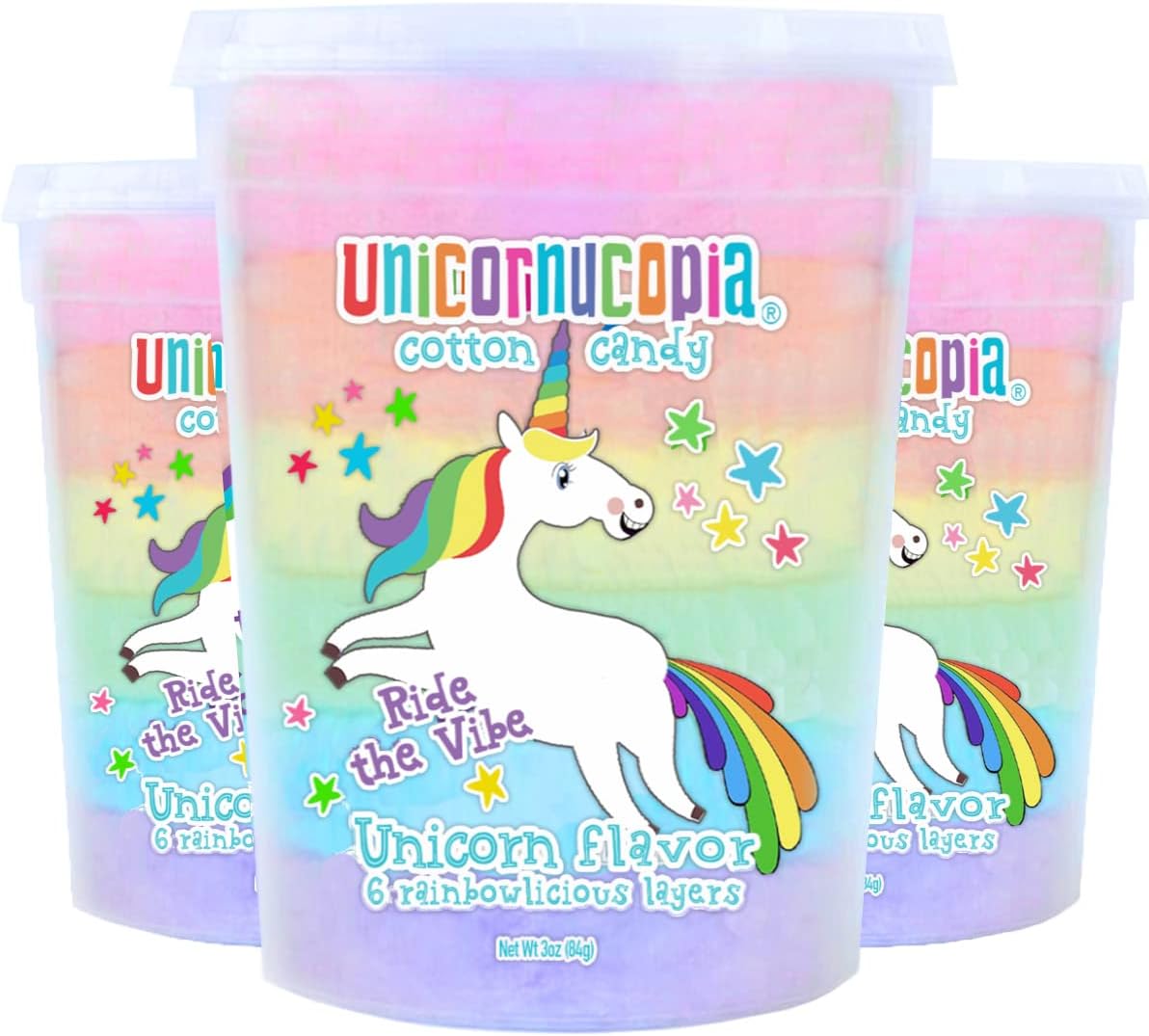 Unicornucopia Cotton Candy - 3 Pack - 6 Flavor Rainbow Cotton Candy - Unicorn Birthday Party Favors Candy for Party Bags - Individual Cotton Candy Favors Rainbow Party Goodie Bag Bulk Party Favor for Kids Birthday