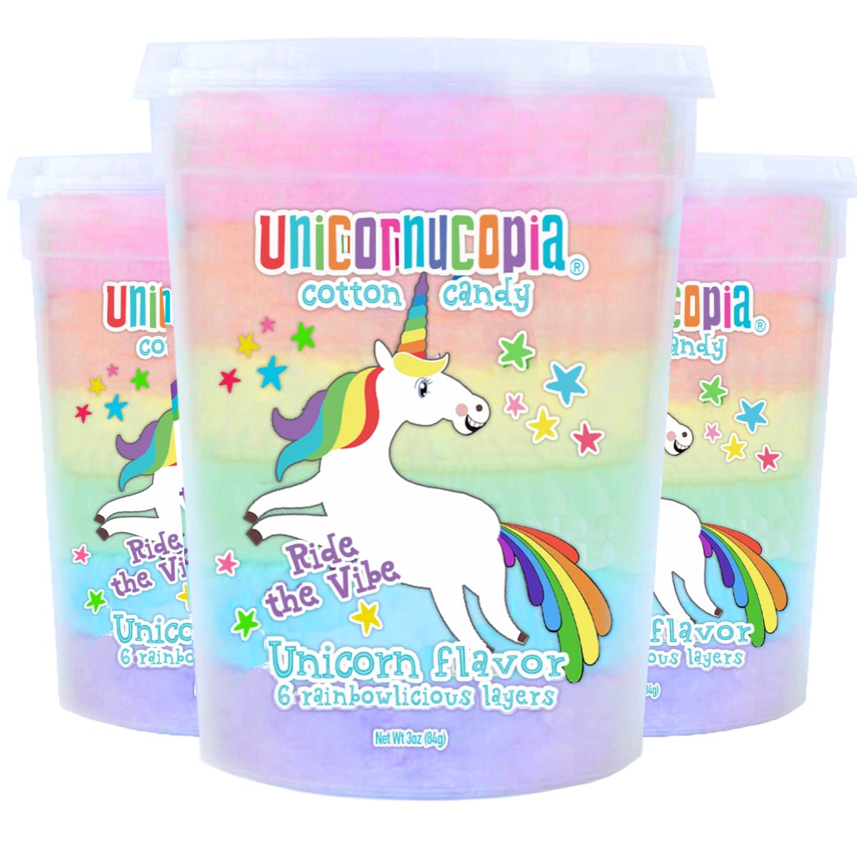 Unicornucopia Cotton Candy - 3 Pack - 6 Flavor Rainbow Cotton Candy - Unicorn Birthday Party Favors Candy for Party Bags - Individual Cotton Candy Favors Rainbow Party Goodie Bag Bulk Party Favor for Kids Birthday