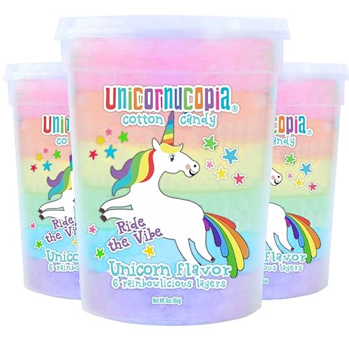 Unicornucopia Algodón de azúcar  Paquete de 3  6 sabores de azúcar de algodón arcoíris  Unicornio fiesta de cumpleaños favores dulces para bolsas de