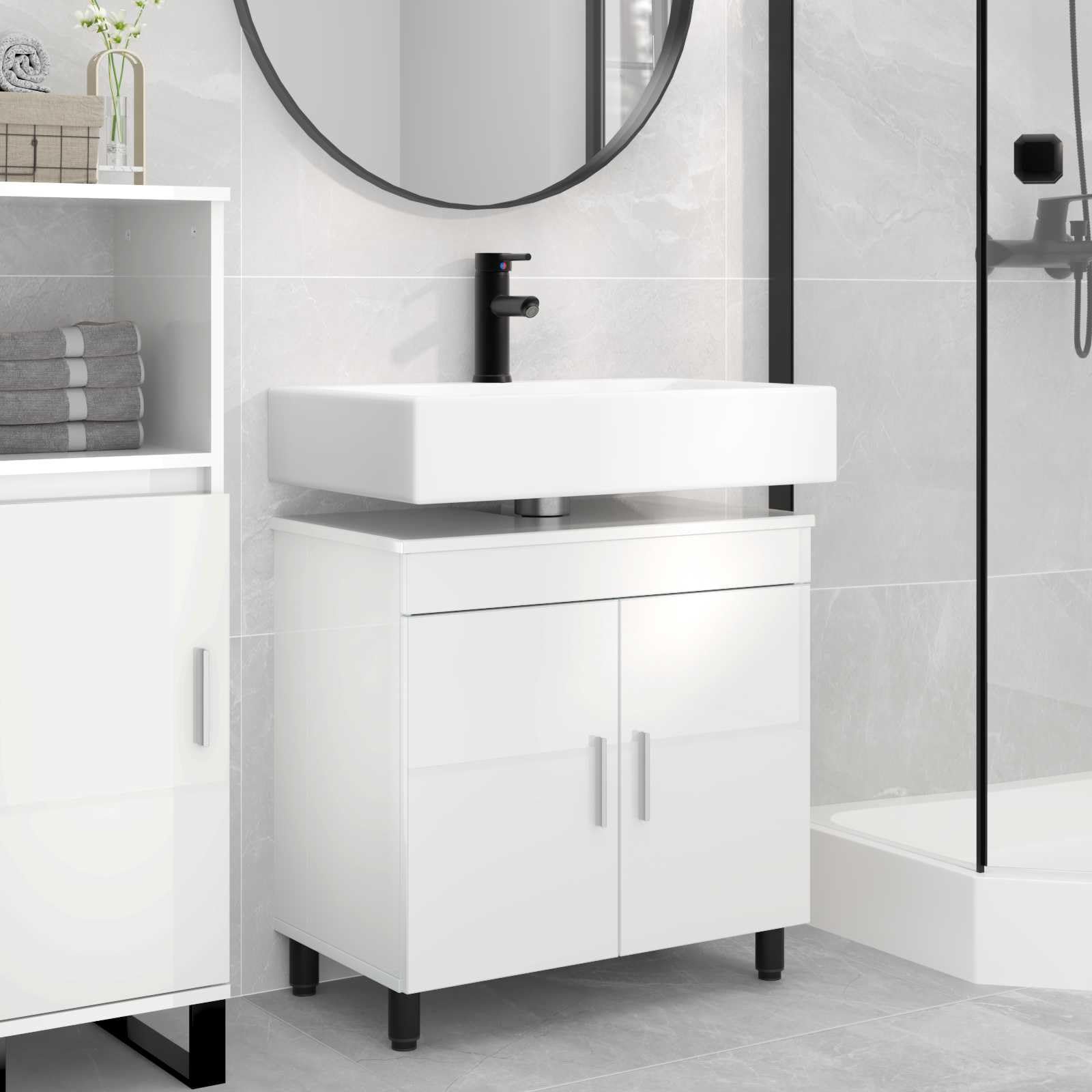 Mobile per lavabo in legno lucido, 60 x 35 x 60 cm, colore bianco