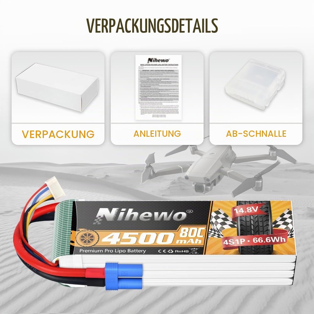 4S Lipo Akku 14.8V 4500mAh 80C EC5 Stecker für RC Auto Boot 2Stück | RC Akku 14.8V 4S 4500mAh Weiches Gehäuse Kompatibel mit 1/6 1/8 Maßstab RC Auto LKW Fahrzeug Flugzeug Hubschrauber Boot Tank