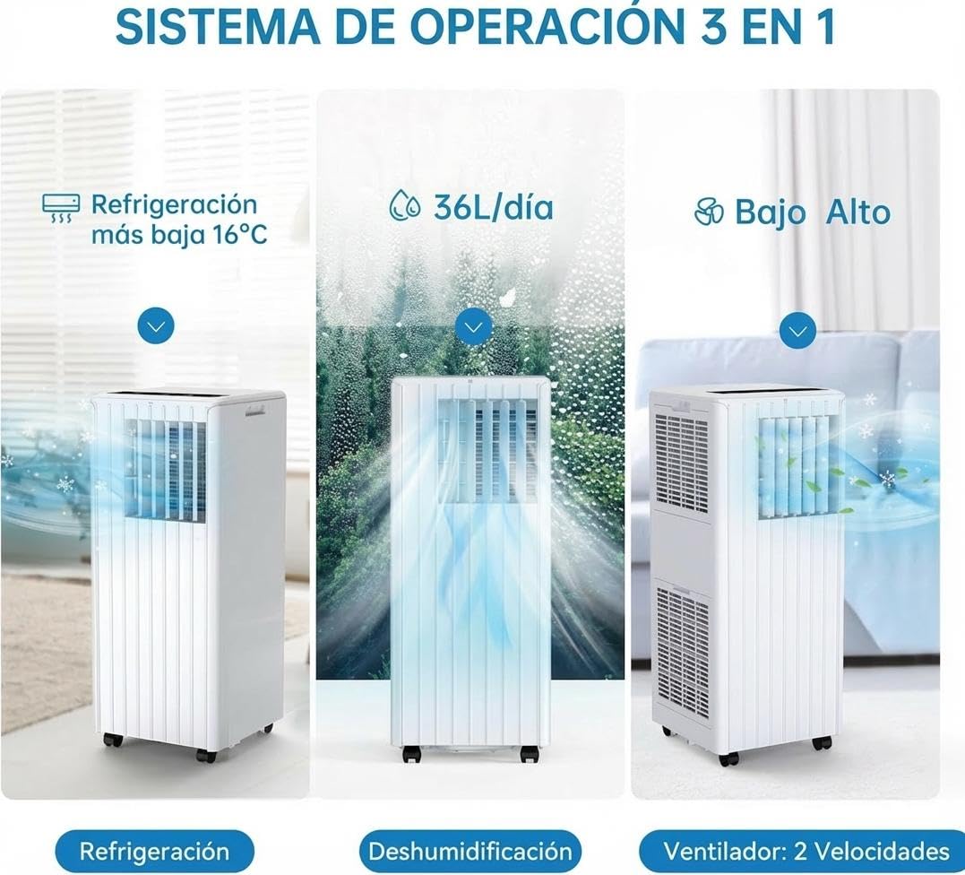 Aire Acondicionado Portátil 7000 BTU 3 en 1 con Enfriador, Deshumidificador 36L y Ventilador, para Habitaciones 15-20 m², Control Remoto, Temporizador 24h, R290