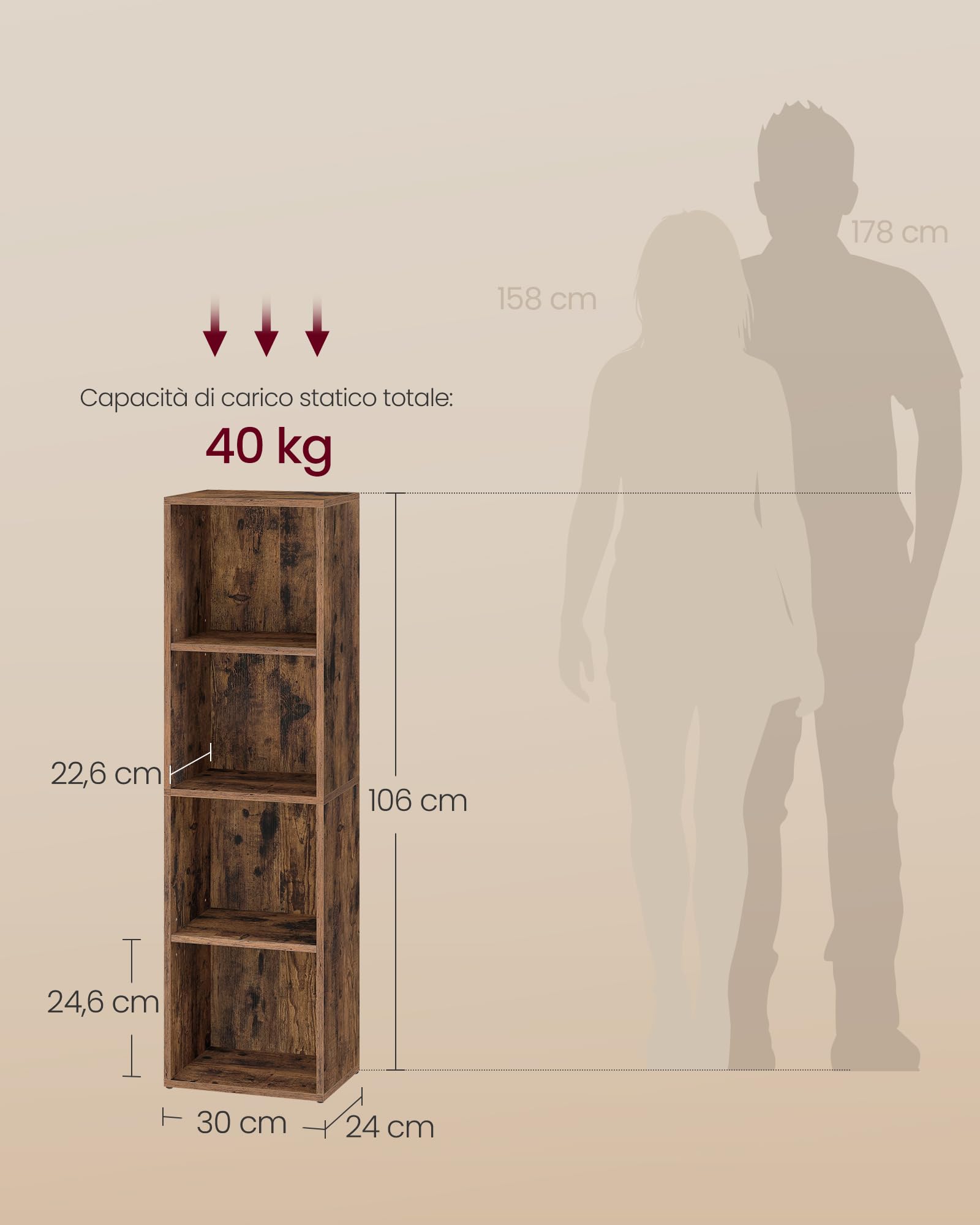 VASAGLE CUSTOS Collezione - Libreria, Scaffale Libreria a 4 Ripiani, Scaffale Portaoggetti con Ripiani Regolabili, Scomparti Aperti, 24 x 30 x 106 cm, per Soggiorno Studio, Marrone Vintage LBC434K01