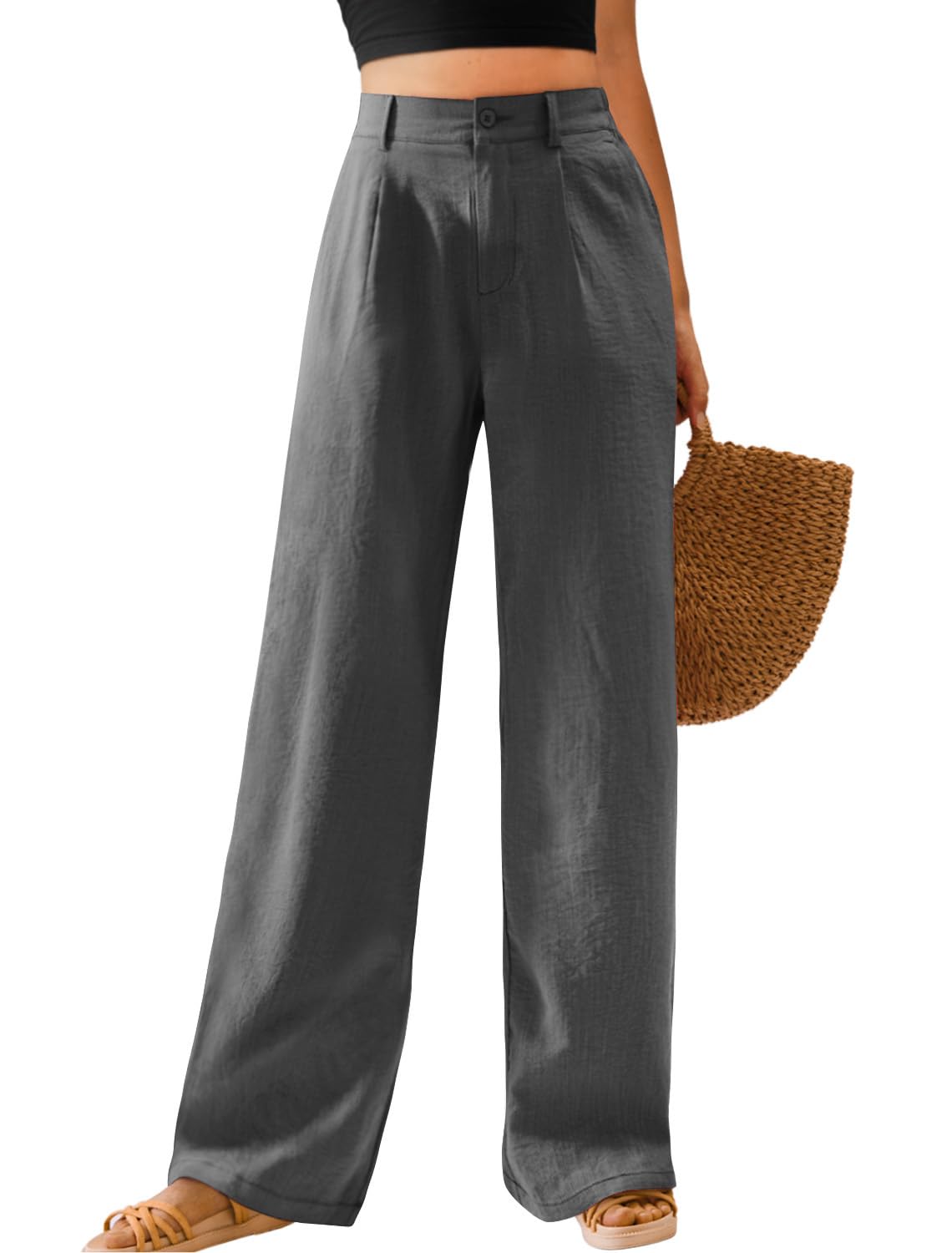 Feiersi Lässige Damenhose mit weitem Bein, hohe Taille, Knopfleiste, gerade, lange Hose, Palazzo-Hose