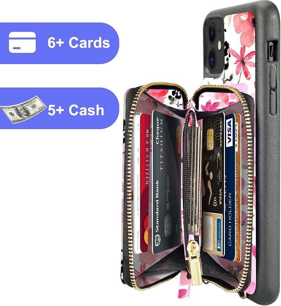iPhone 11 Wallet Case, LAMEEKU iPhone 11 Card Holder Case, Floral Flower Pattern Zipper Leather Case with Credit Card Slot Crossbody Chain, Protective Phone Cover for iPhone 11 6.1'' - Cherry Blossoms
