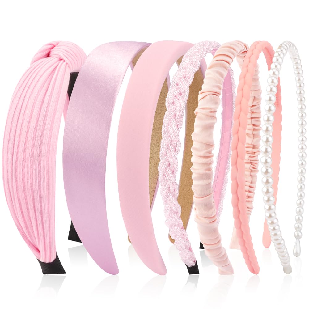 AHONEY 7 Pack Pink Headbands for Girls Women Headbands Trendy Non Slip Hairbands Cute Hair Accessories Multi-style Headband Pack Diademas Para Mujer (