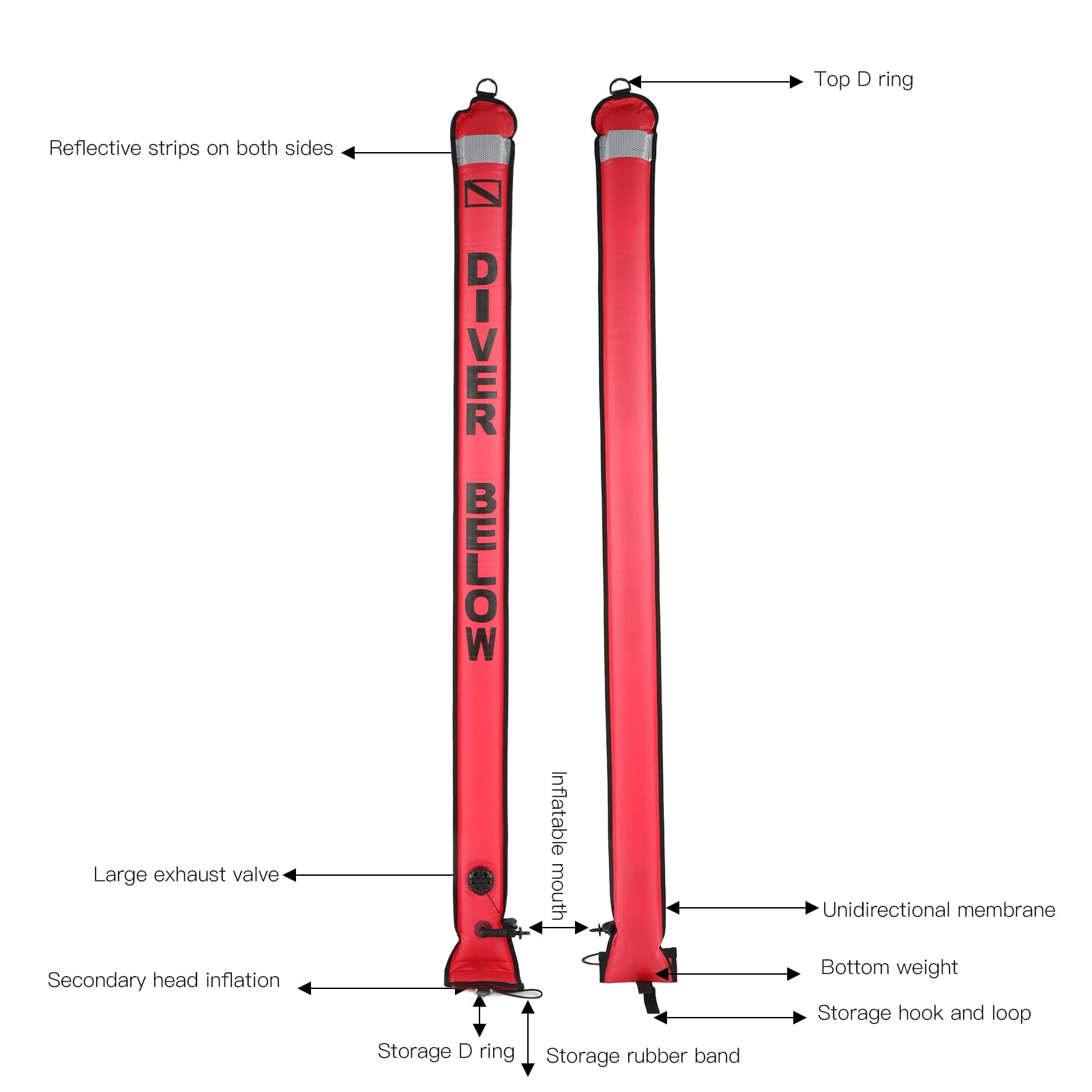 180x15cm Scuba Diving Boje Marker Boje hohe Sicht aufblasbare SurfaCemarker -Signalrohr für Unterwasser -Tauchen Schnorcheln