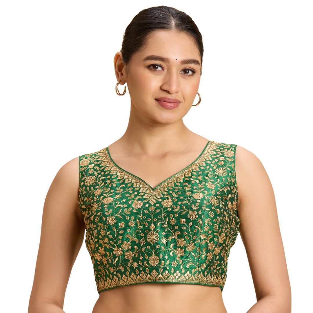 studio shringaar Raw Silk Fully Embroidered Sleeveless Padded Saree Blouse-picture-33