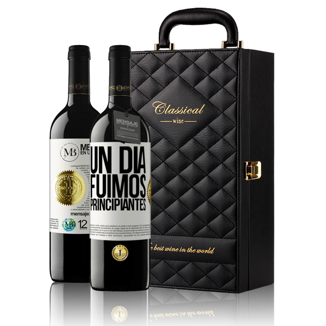 «Un día fuimos principiantes» Mensaje en una Botella. Estuche-Maletín de LUJO 2x Vino Tinto Premium Reserva 12 Meses y Set de 4 Accesorios. Etiqueta Blanca PERSONALIZABLE