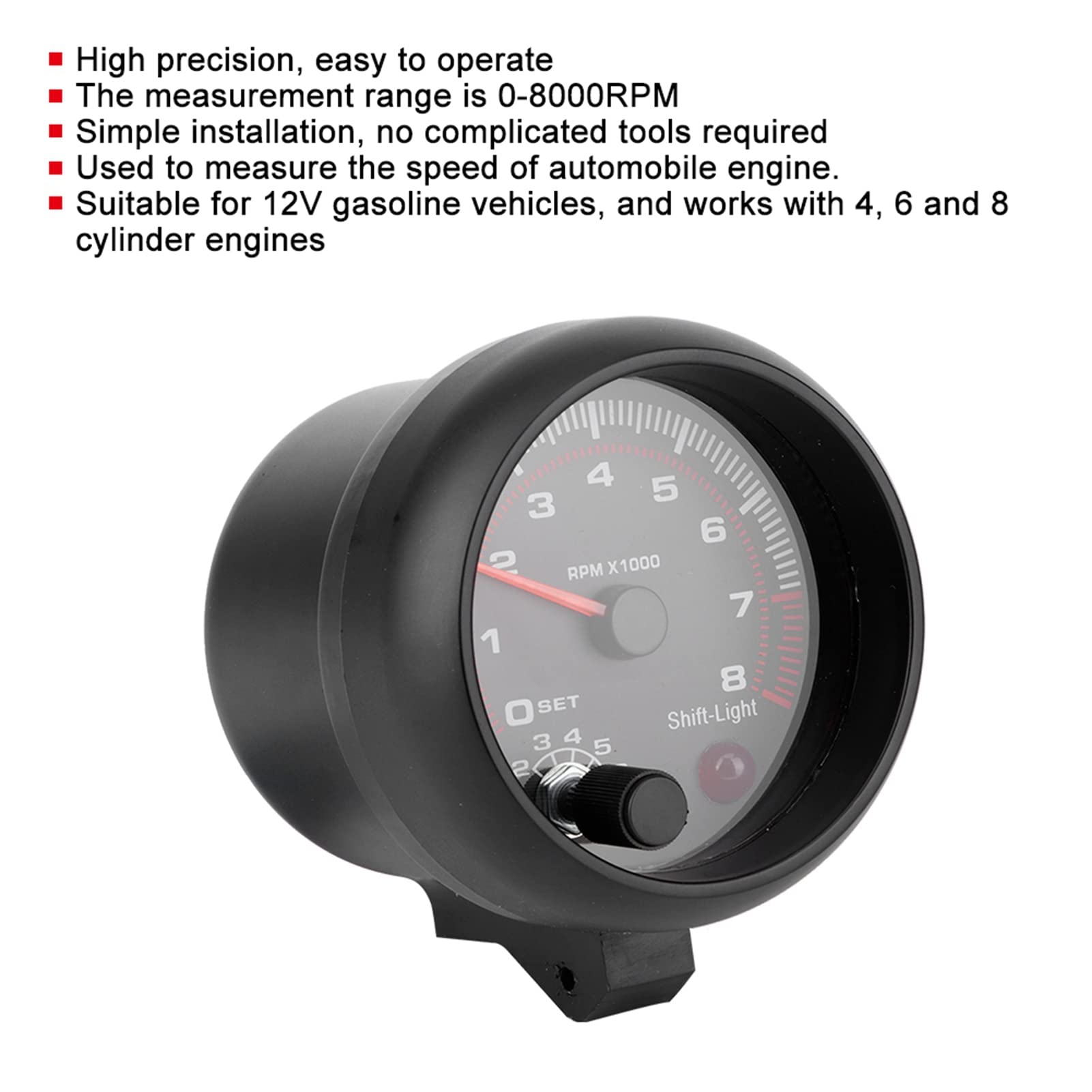 Contagiri Universale per Auto Nero 0-8000 Giri/min 12V Contagiri per Automobili Adatto per Veicoli a Benzina e Motori a 4-8 Cilindri
