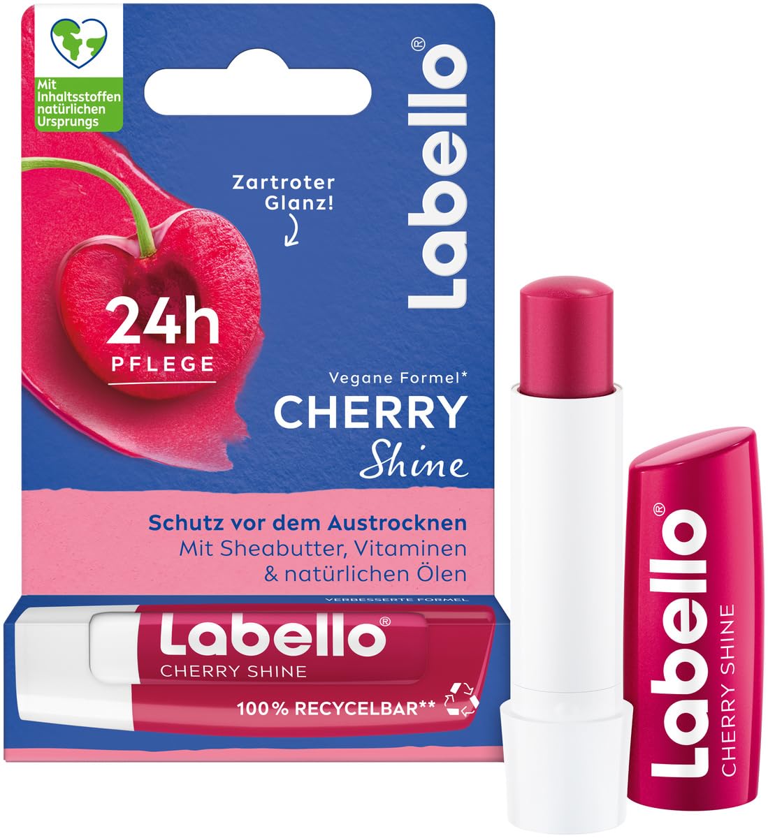 Labello Cherry Shine Lippenpflegestift, Lippenpflege mit zartrotem Glanz für 24h Feuchtigkeit, pflegender Lippenbalsam mit Sheabutter und Kirscharoma (4,8 g)