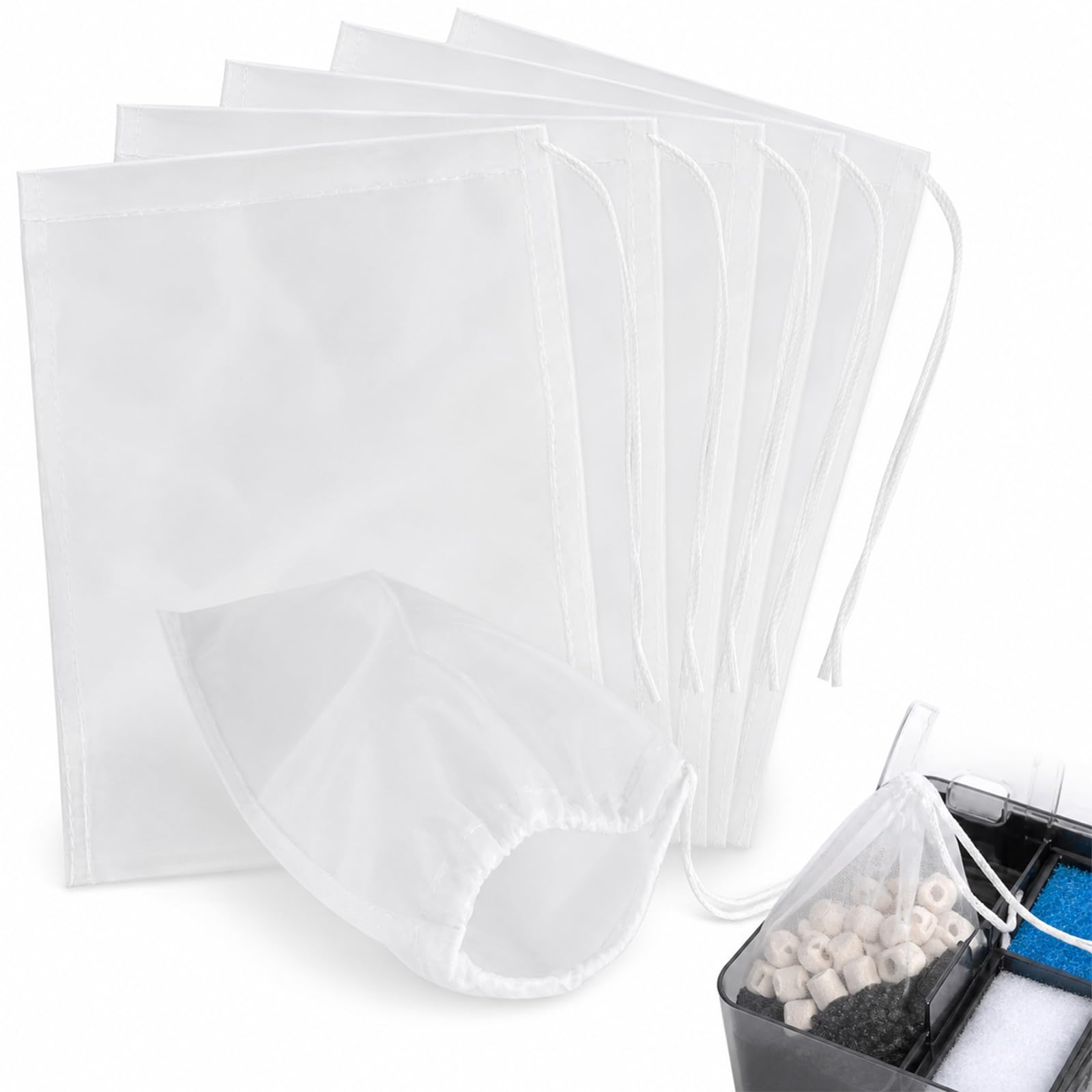 5 Pack 180 Micron Nylon Mesh Filter Bags – Reusable Drawstring Media Bags for Aquarium, Fish Tank, Freshwater & Saltwater Sump Filters (15cm x 20cm)