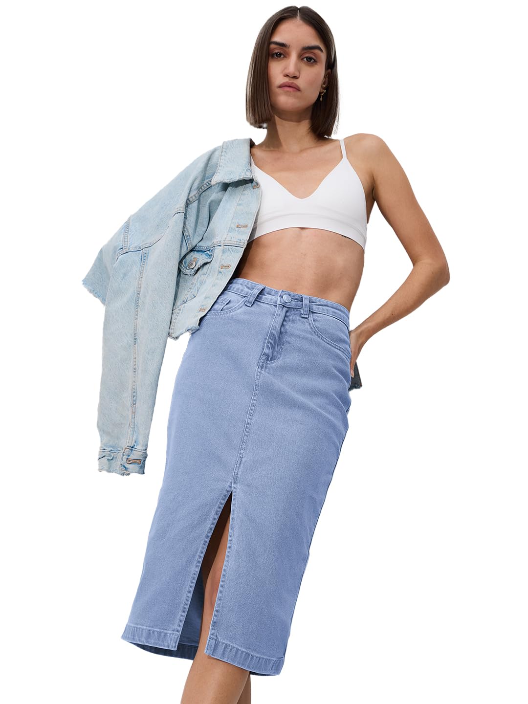 the souled store Denim Skirt: Mid Blue Women and Girls Buttoned Below Knee Length Denim Skirts-picture-12