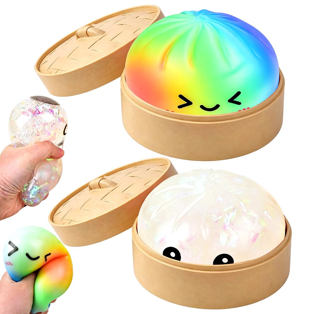 2 Pcs Giant Dumpling Squishy, Giant Dumpling Squishy Toy, Toy Dumplings with Steamer Box, Soft Squeeze Dough Hand Fidget Toys, Funny Slow-Rise Stress Toys, Colorful